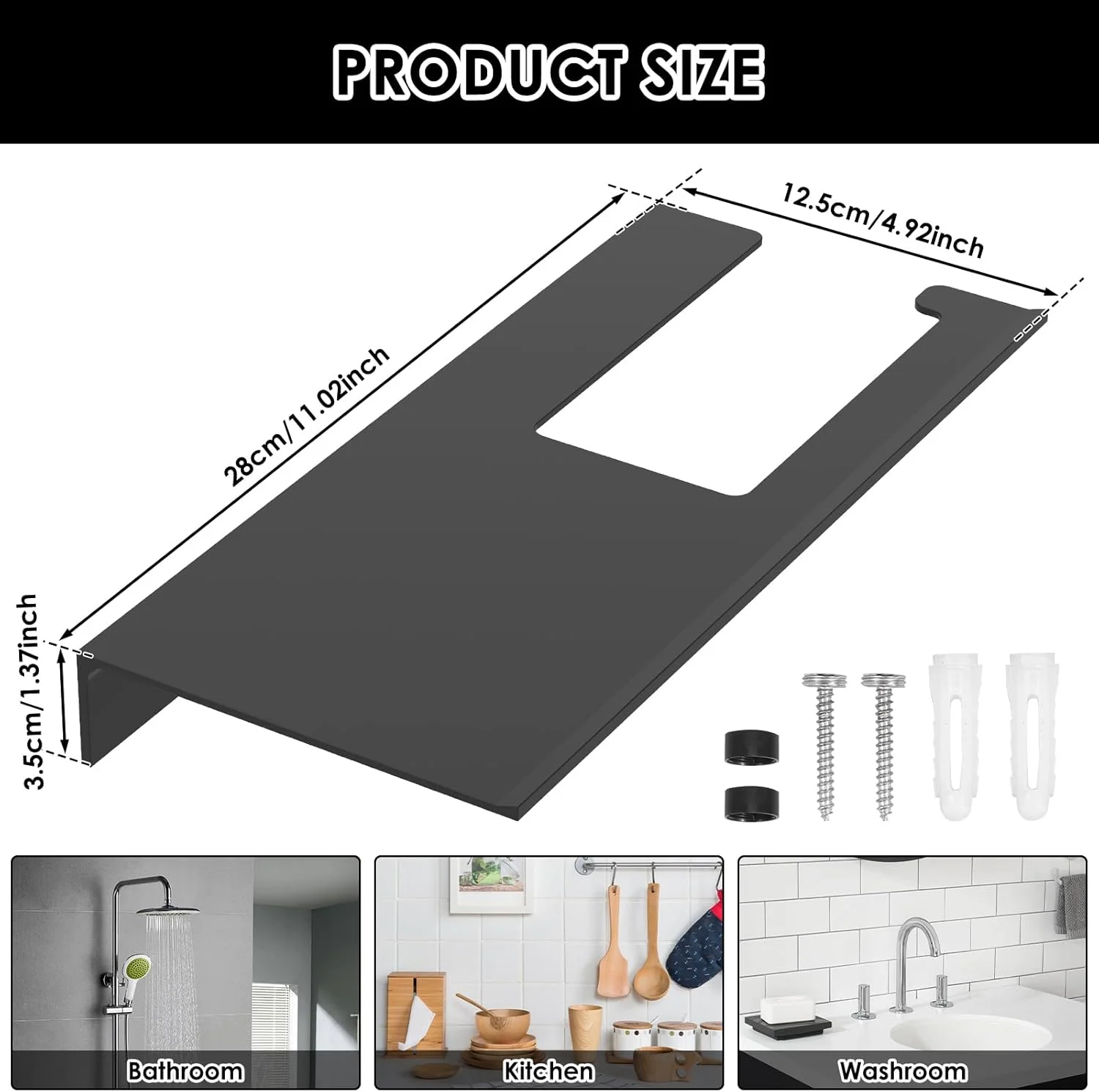 جا دستمال کاغذی توالت، جا دستمال کاغذی خود چسب دار با قفسه، 28 x 12.5 x 3.5 سانتی متر، بدون نیاز به سوراخ کاری، نصب دیواری برای رول های دستمال توالت، پخش کننده فلزی ضد زنگ برای حمام (مشکی)