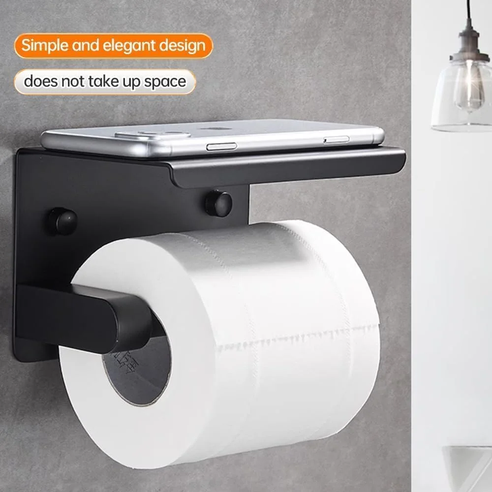 جا دستمال کاغذی بهداشتی DXB با قفسه - نگهدارنده دستمال کاغذی استیل ضد زنگ با محل نگهداری تلفن، لوازم جانبی حمام دیواری (مشکی)