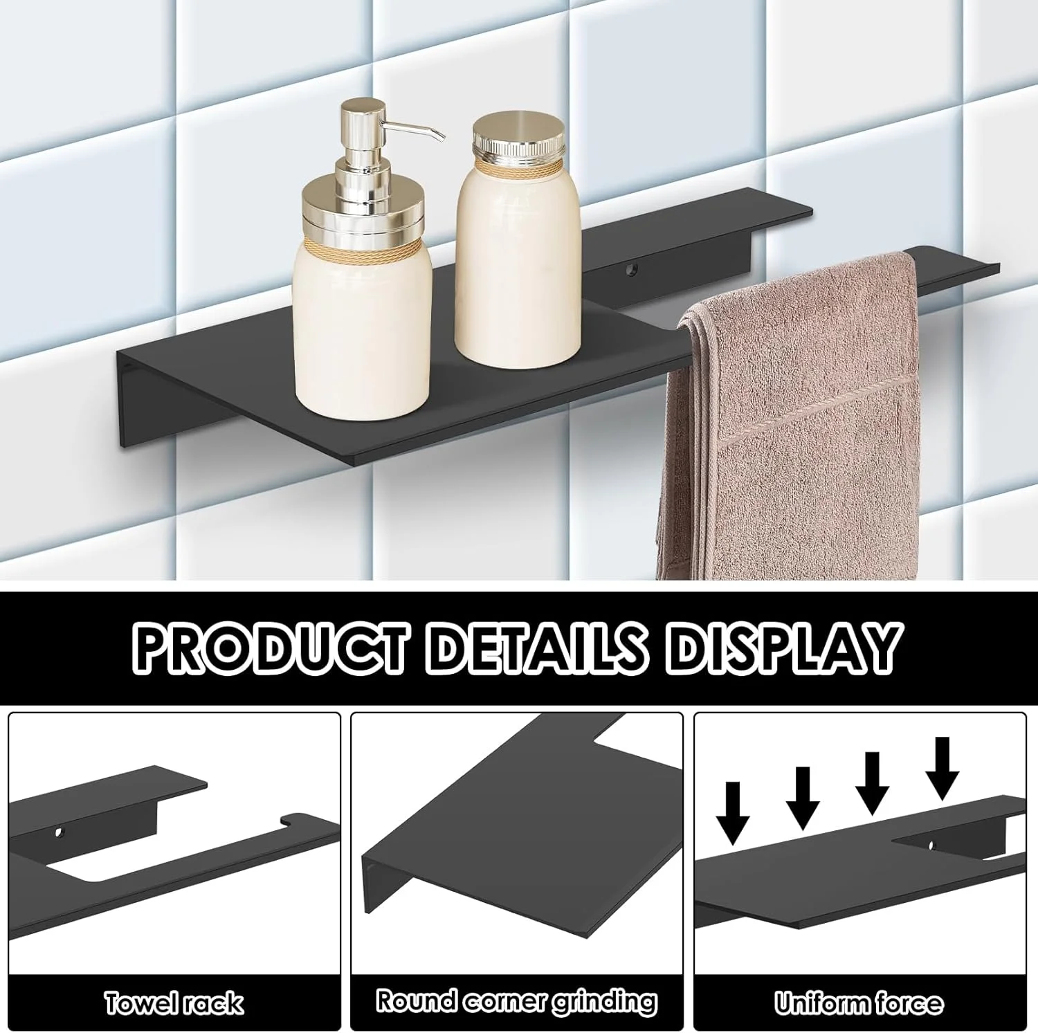 جا دستمال کاغذی توالت، جا دستمال کاغذی خود چسب دار با قفسه، 28 x 12.5 x 3.5 سانتی متر، بدون نیاز به سوراخ کاری، نصب دیواری برای رول های دستمال توالت، پخش کننده فلزی ضد زنگ برای حمام (مشکی)