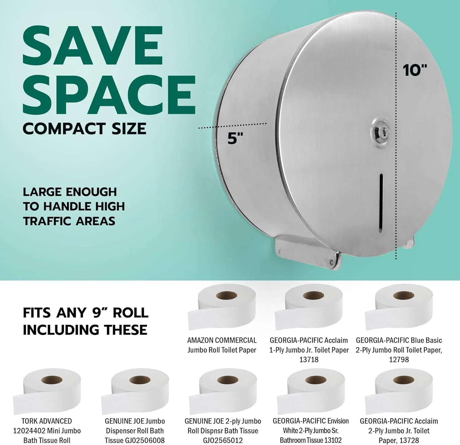 جا دستمال کاغذی تجاری Scuddles، جا دستمال توالت جامبو استیل ضد زنگ برای مصارف تجاری یا خانگی، نصب دیواری با 2 کلید و قفل