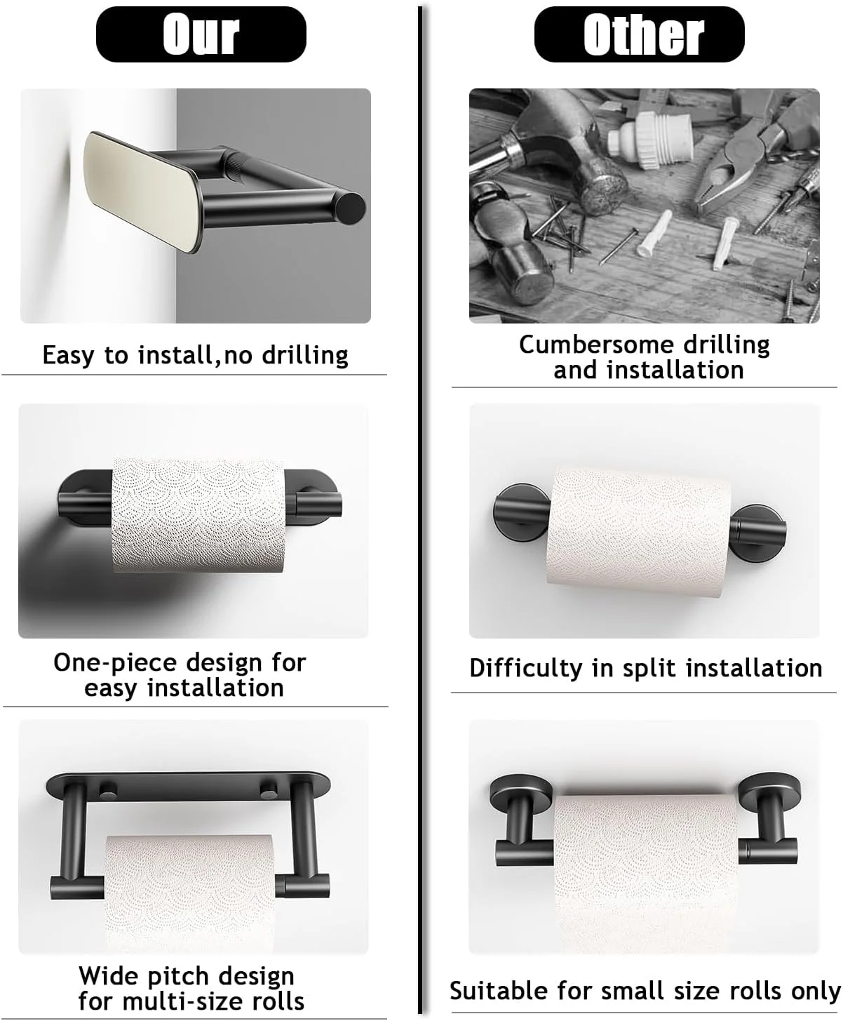 جا دستمال توالت مشکی Sankecao - جا دستمال توالت چسبی یا نصب با پیچ، طراحی چرخشی قفل دار مناسب برای هر مکان، استیل ضد زنگ