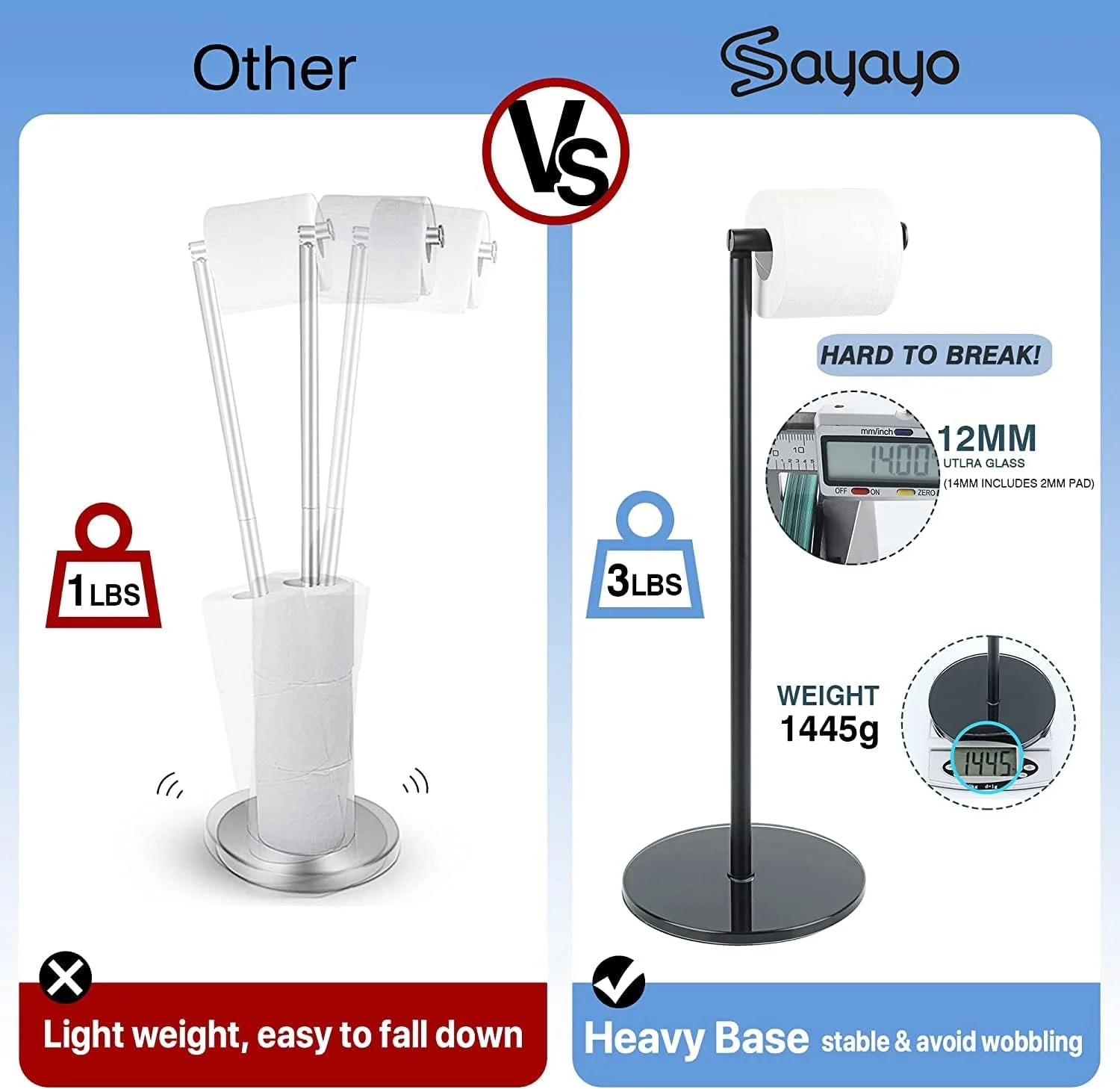 جا دستمال توالت ایستاده سایایو مشکی، پایه نگهدارنده دستمال توالت زمینی استیل ضد زنگ SUS304، پایه نگهدارنده رول ایستاده با پایه شیشه ای حرارت دیده