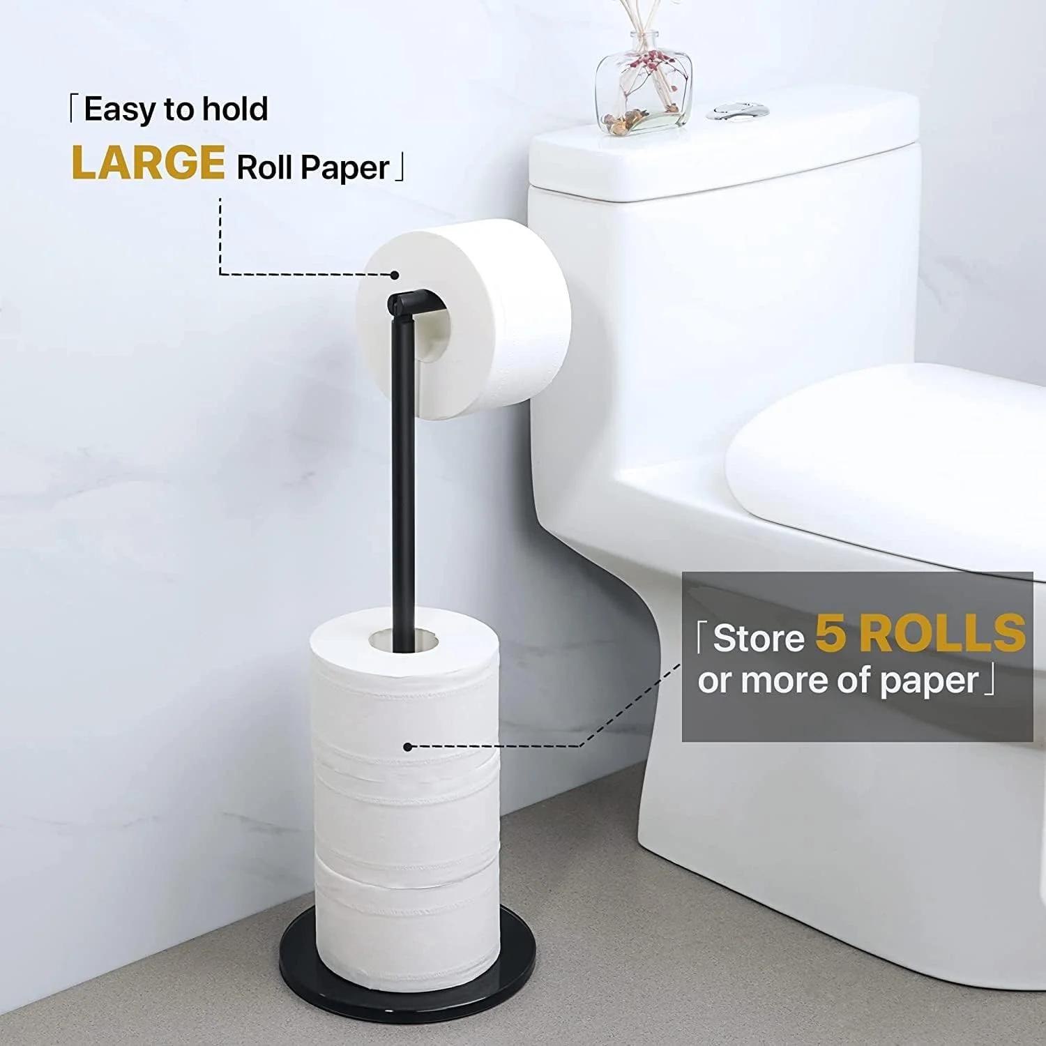 جا دستمال توالت ایستاده سایایو مشکی، پایه نگهدارنده دستمال توالت زمینی استیل ضد زنگ SUS304، پایه نگهدارنده رول ایستاده با پایه شیشه ای حرارت دیده