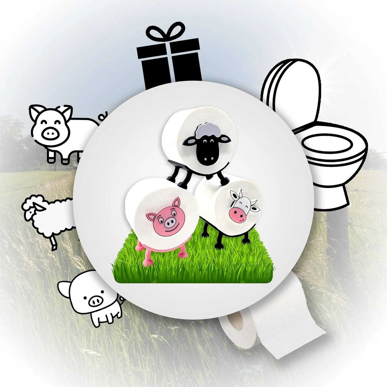جا دستمال توالت طرح گوسفند، خوک و گاو (ست 3 عددی) - جا دستمال توالت ایستاده، بدون نیاز به سوراخکاری، جا کاغذی با طرح حیوانات به عنوان محل نگهداری یا هدیه - ساخت فروشگاه R-Satz