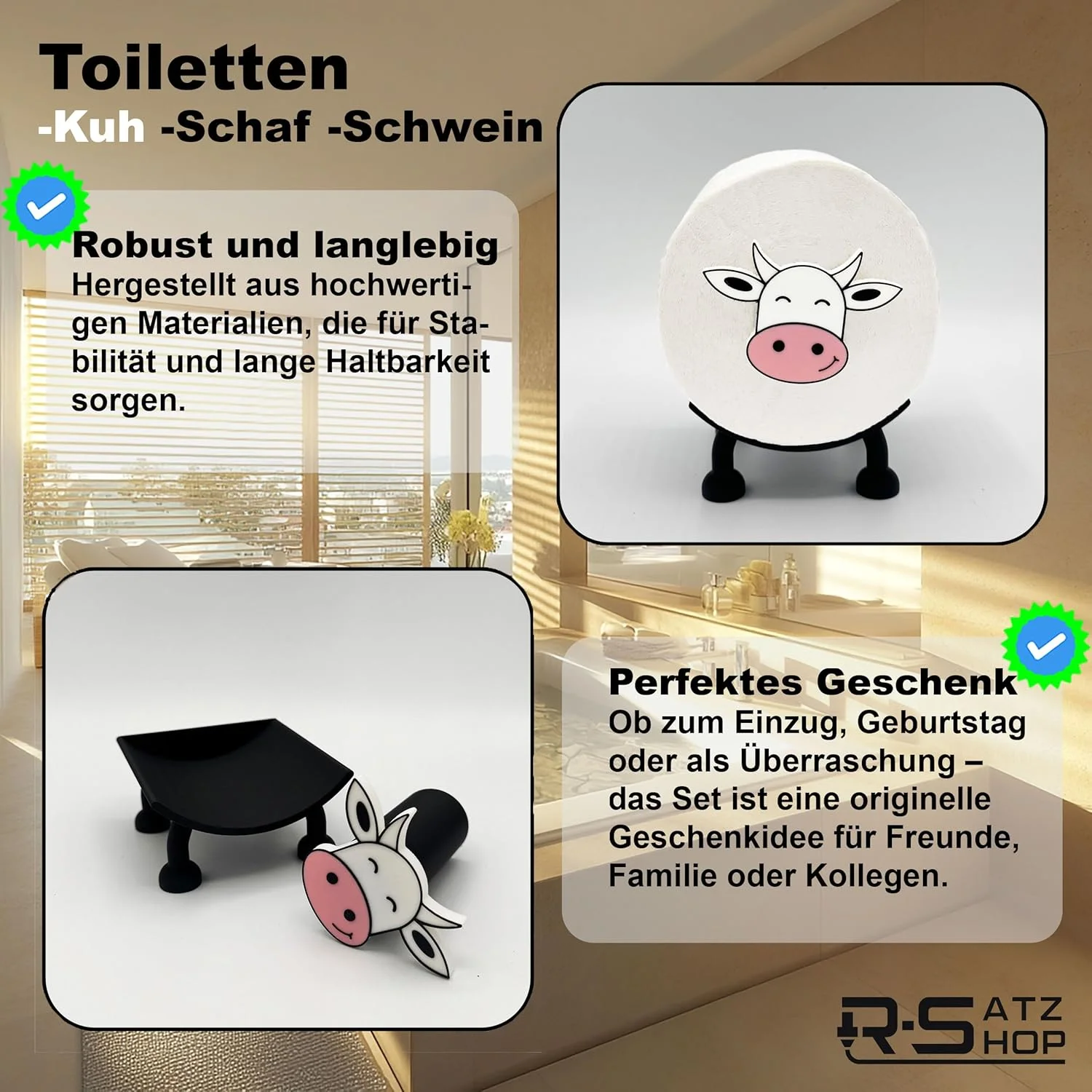 جا دستمال توالت طرح گوسفند، خوک و گاو (ست 3 عددی) - جا دستمال توالت ایستاده، بدون نیاز به سوراخکاری، جا کاغذی با طرح حیوانات به عنوان محل نگهداری یا هدیه - ساخت فروشگاه R-Satz