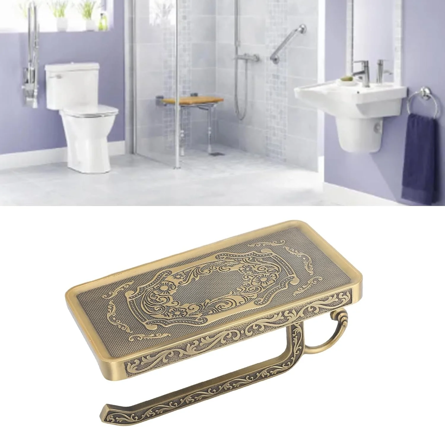 جا دستمال کاغذی توالت با طراحی وینتیج Sorandy به همراه قفسه، جا دستمال کاغذی چند منظوره آلیاژ روی برای حمام مرتب تر (A3)