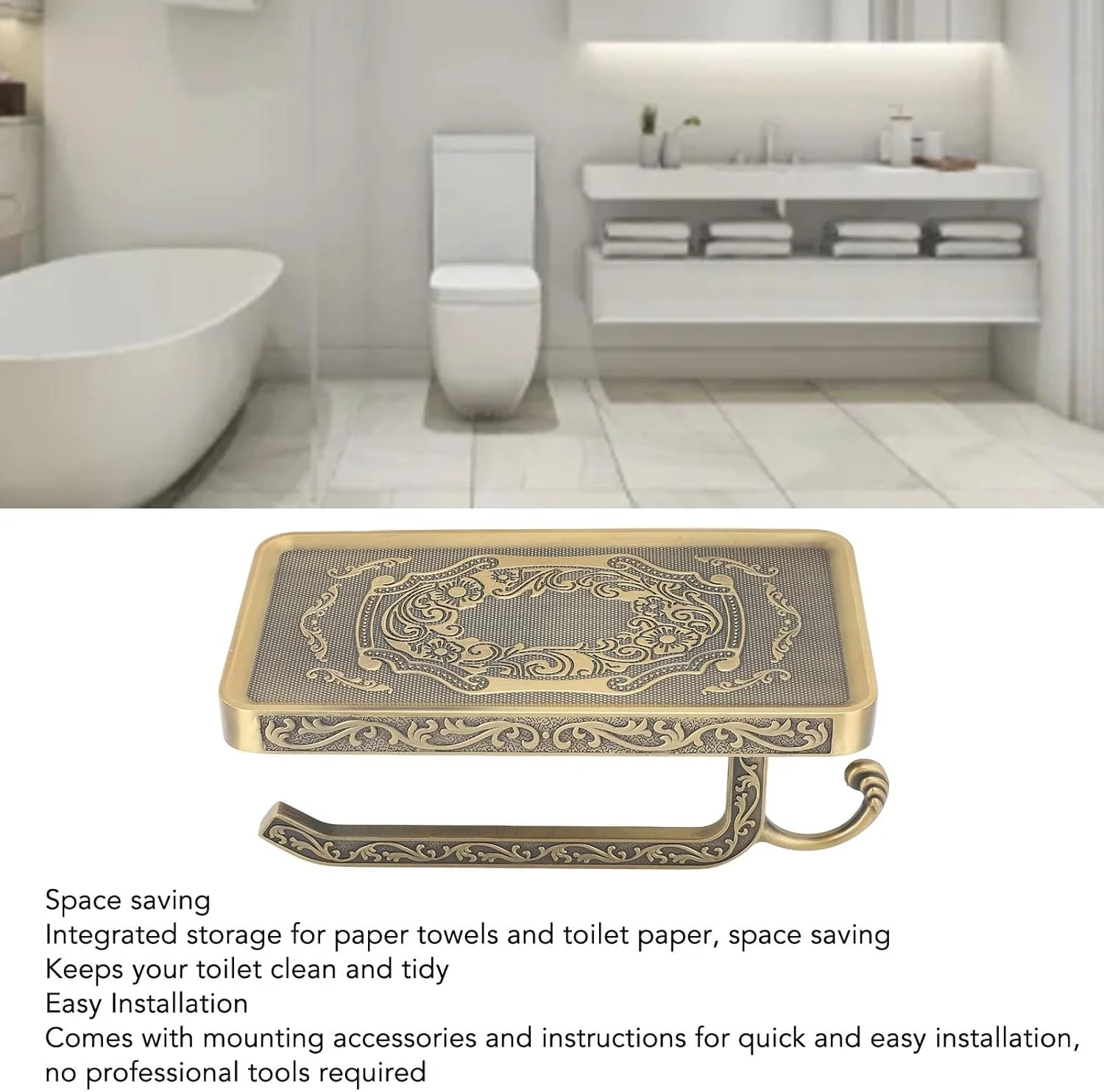 جا دستمال کاغذی توالت با طراحی وینتیج Sorandy به همراه قفسه، جا دستمال کاغذی چند منظوره آلیاژ روی برای حمام مرتب تر (A3)