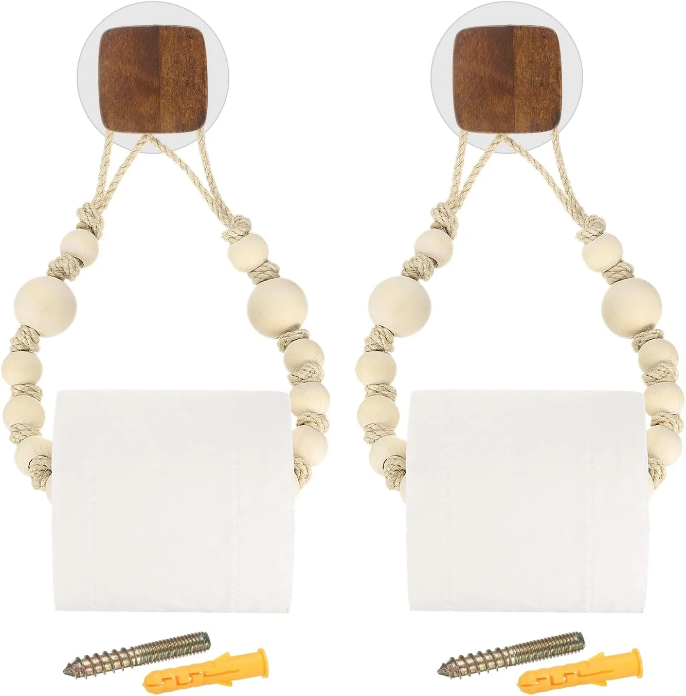 سورسینگ مپ 2 عدد نگهدارنده دستمال توالت چوبی با طناب کنفی برای دکور حمام، مربعی/رنگ گردویی