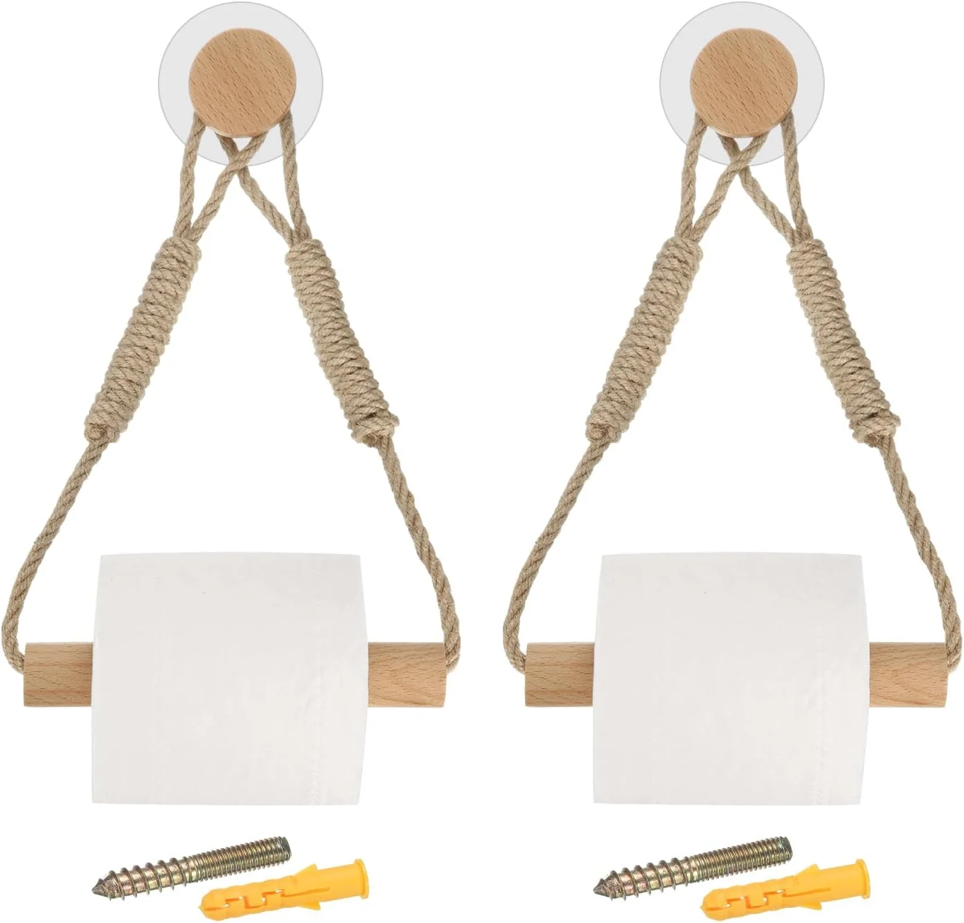 sourcing map 2 Pcs Wood Jute Rope Toilet Paper Holder for Bathroom Decor,Wood Color
