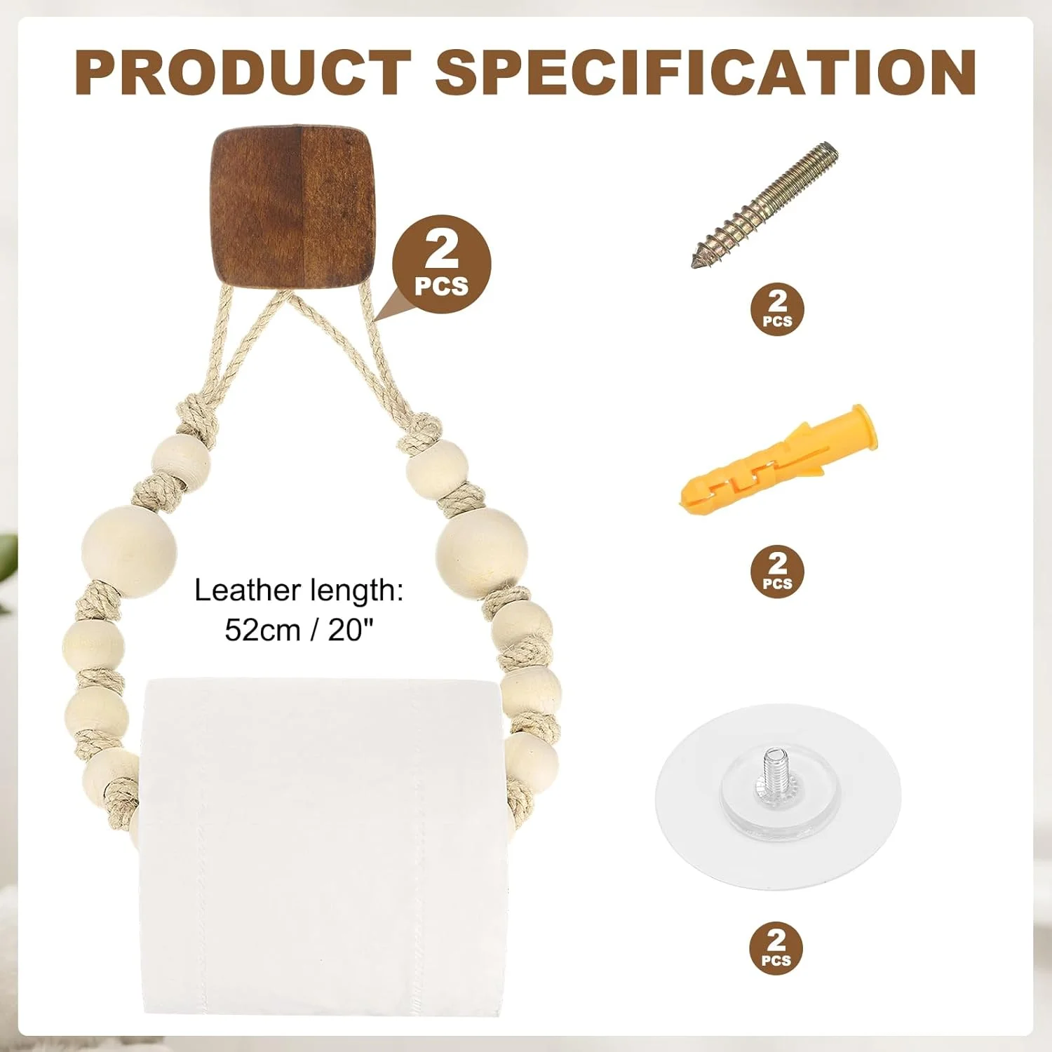 سورسینگ مپ 2 عدد نگهدارنده دستمال توالت چوبی با طناب کنفی برای دکور حمام، مربعی/رنگ گردویی