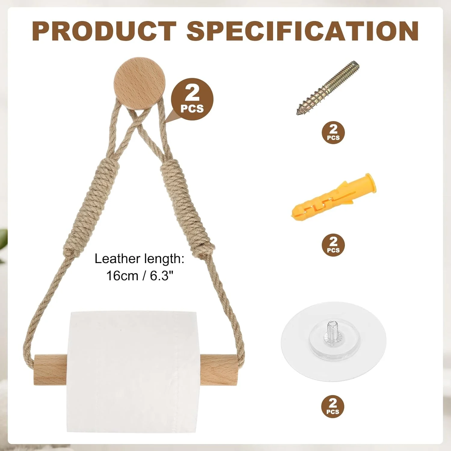 sourcing map 2 Pcs Wood Jute Rope Toilet Paper Holder for Bathroom Decor,Wood Color