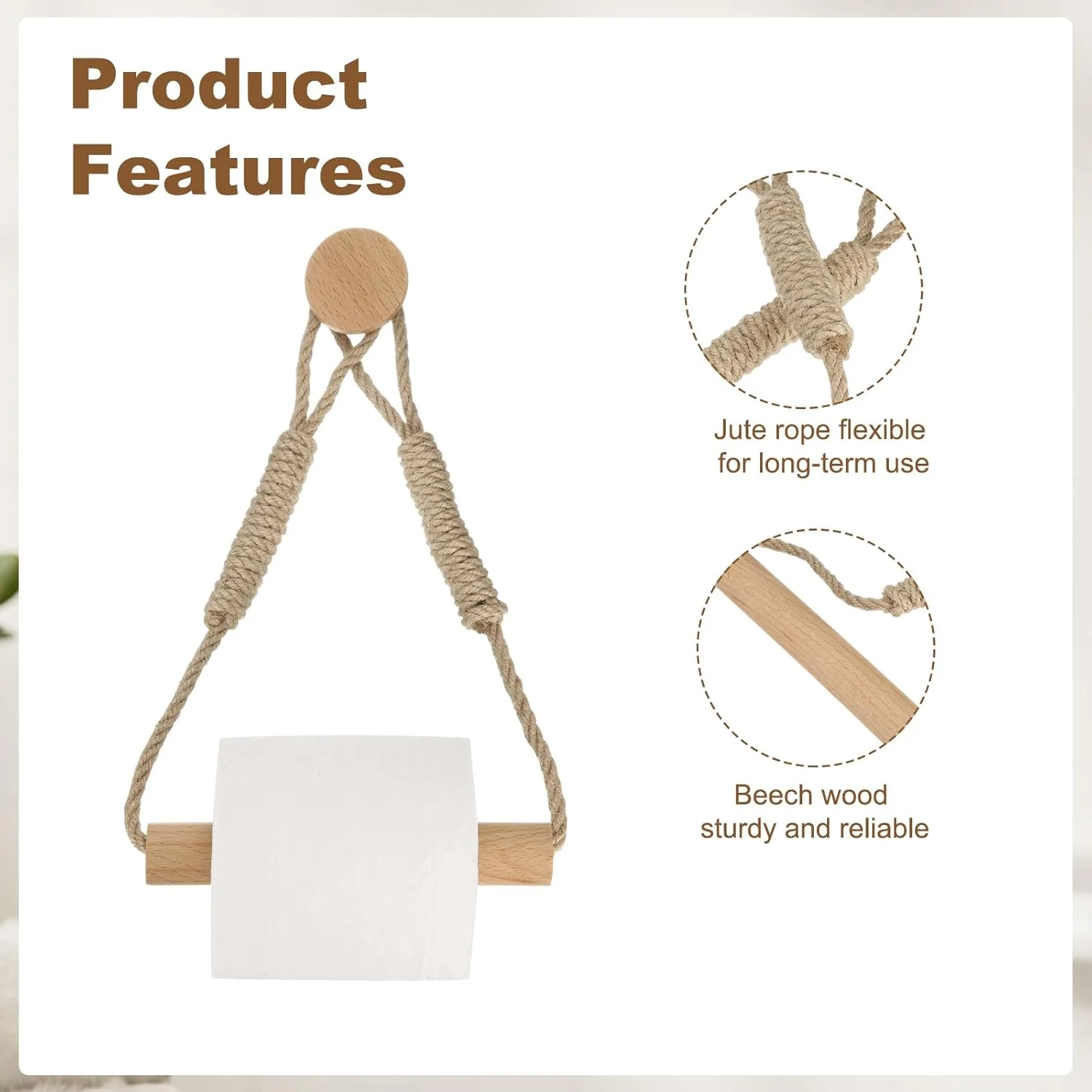 sourcing map 2 Pcs Wood Jute Rope Toilet Paper Holder for Bathroom Decor,Wood Color
