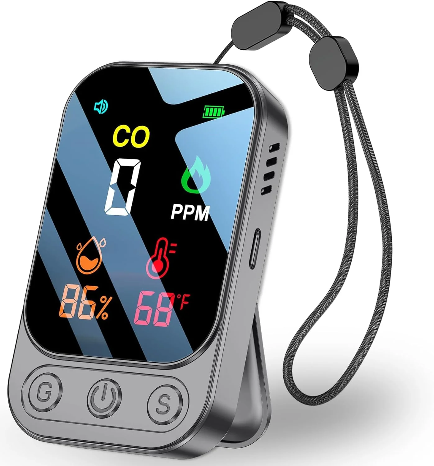 دستگاه تشخیص مونوکسید کربن مسافرتی KASTWAVE، مانیتور کیفیت هوای کوچک قابل حمل، با آلارم و پایه [3 در 1]، سنسور دما/رطوبت، برای سفر، کمپینگ، خودرو RV (خاکستری)