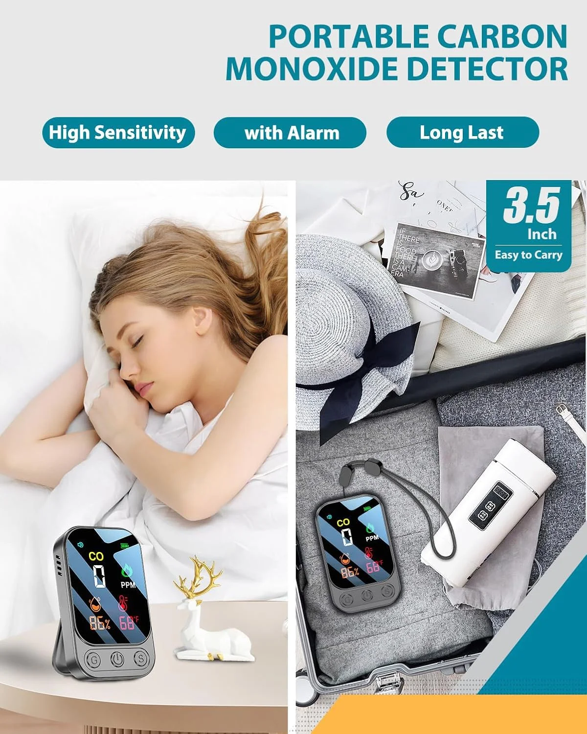 دستگاه تشخیص مونوکسید کربن مسافرتی KASTWAVE، مانیتور کیفیت هوای کوچک قابل حمل، با آلارم و پایه [3 در 1]، سنسور دما/رطوبت، برای سفر، کمپینگ، خودرو RV (خاکستری)