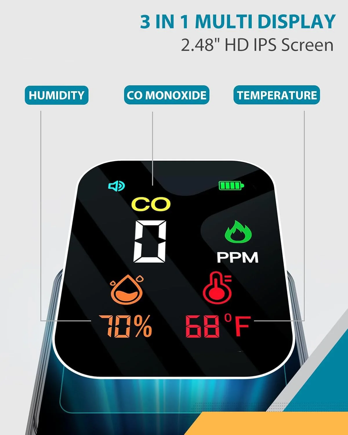 دستگاه تشخیص مونوکسید کربن مسافرتی KASTWAVE، مانیتور کیفیت هوای کوچک قابل حمل، با آلارم و پایه [3 در 1]، سنسور دما/رطوبت، برای سفر، کمپینگ، خودرو RV (خاکستری)