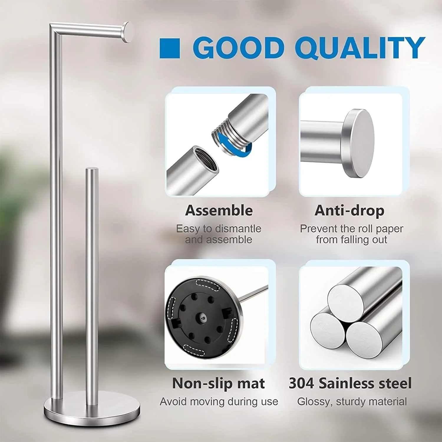 پایه نگهدارنده دستمال توالت، نگهدارنده رول توالت استیل ضد زنگ 304 ایستاده، پایه ضد زنگ، محل نگهداری 4 رول، نگهدارنده رول دستمال کاغذی مدرن ایستاده برای حمام (نقره ای)