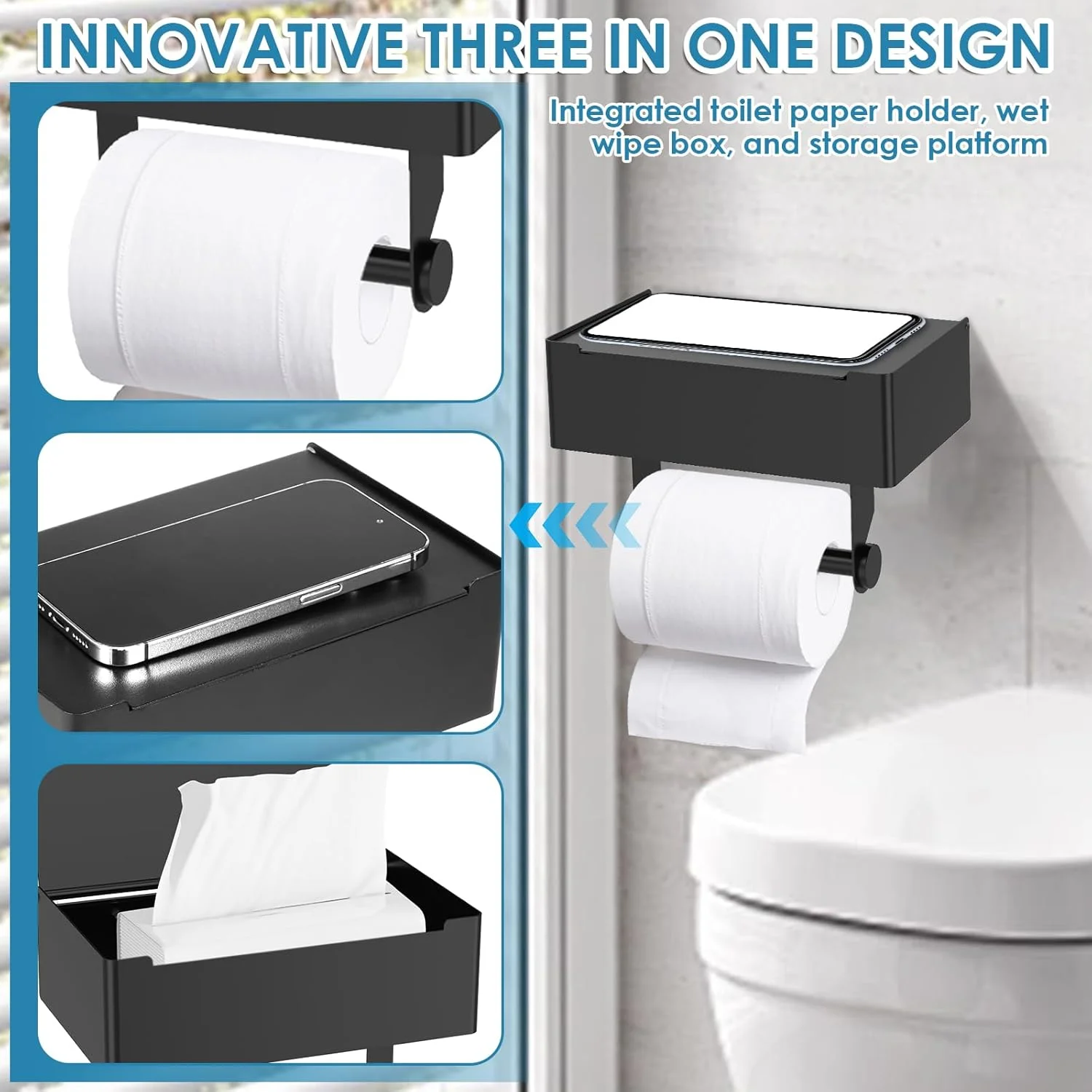 جا دستمال توالت استیل ضد زنگ 3 در 1 چند منظوره، نگهدارنده دستمال کاغذی توالت و پایه دستمال مرطوب برای حمام