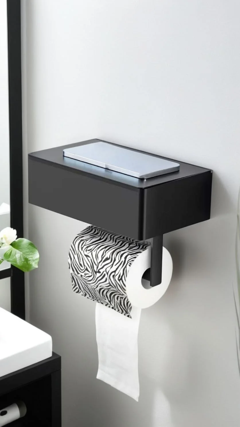 جا دستمال کاغذی مشکی مات Sweet seven با قفسه - نگهدارنده دستمال توالت و پخش کننده دستمال مرطوب، سازمان دهنده دستمال توالت و لوازم بهداشتی