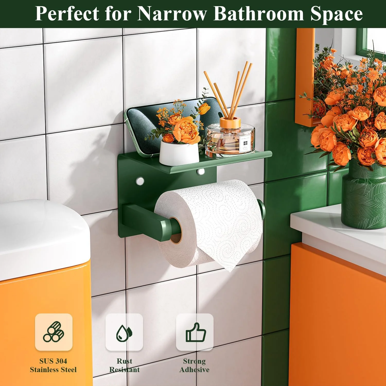 نگهدارنده دستمال توالت Tindbea با قفسه، چسبی یا پیچ دار، نگهدارنده رول دستمال توالت، قفسه ذخیره سازی، لوازم جانبی نگهدارنده قفسه حمام استیل ضد زنگ (سبز جنگلی)