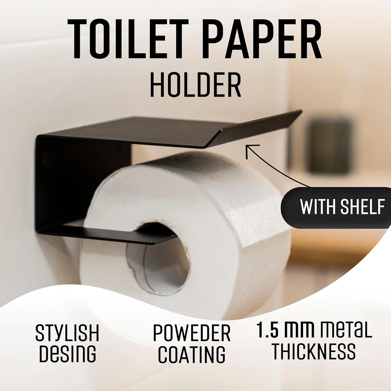 جا دستمال کاغذی توالت با قفسه تلفن، نگهدارنده دستمال کاغذی دیواری، نگهدارنده رول دستمال کاغذی، سازمان دهنده دستمال کاغذی توالت با قفسه ذخیره سازی، نگهدارنده رول توالت دیواری (مشکی)