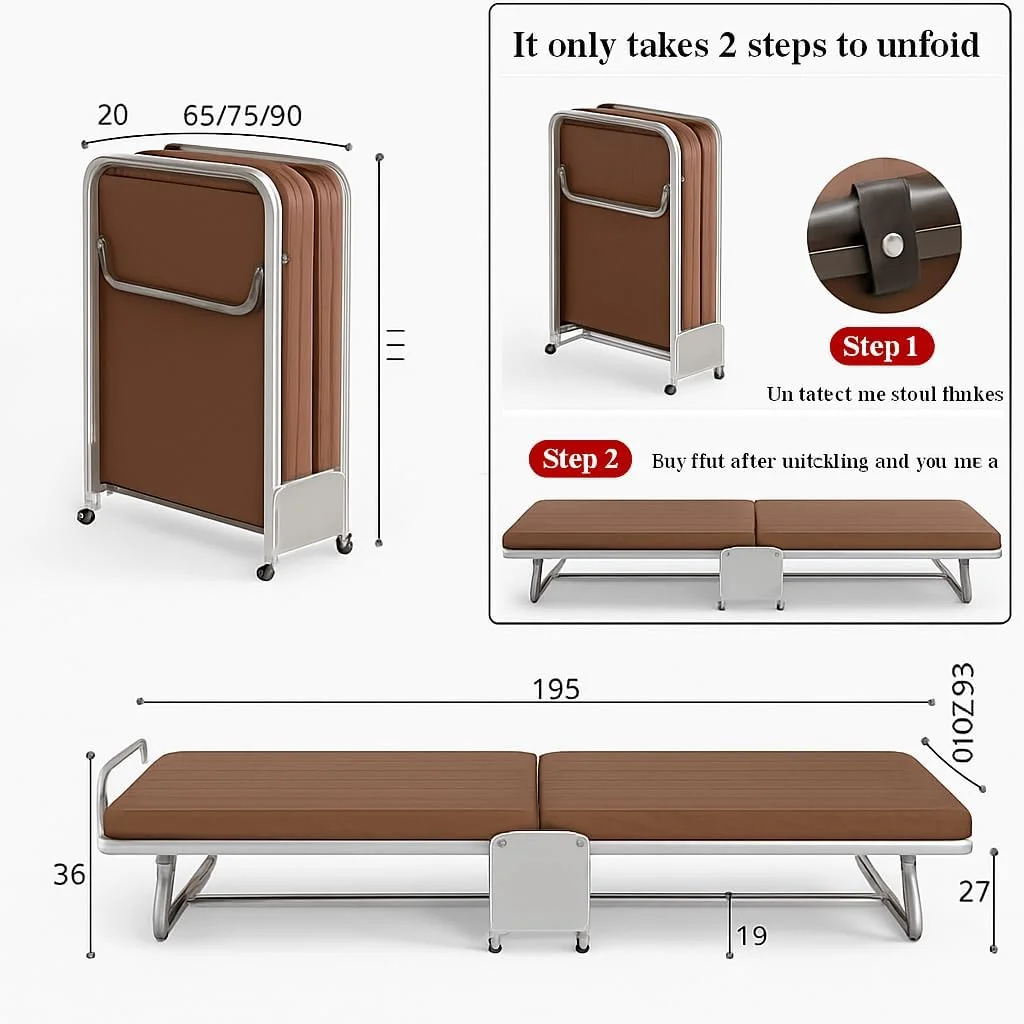 تخت تاشو VITAL با تشک - تختخواب تاشو کم جا با قابلیت تنظیم 6 حالته با کوسن اسفنجی، روکش پارچه ای، پایه تخته سه لایی، قاب آهنی و چرخ های قفل شونده. ایده آل برای خانه یا مسافرت (قهوه ای)