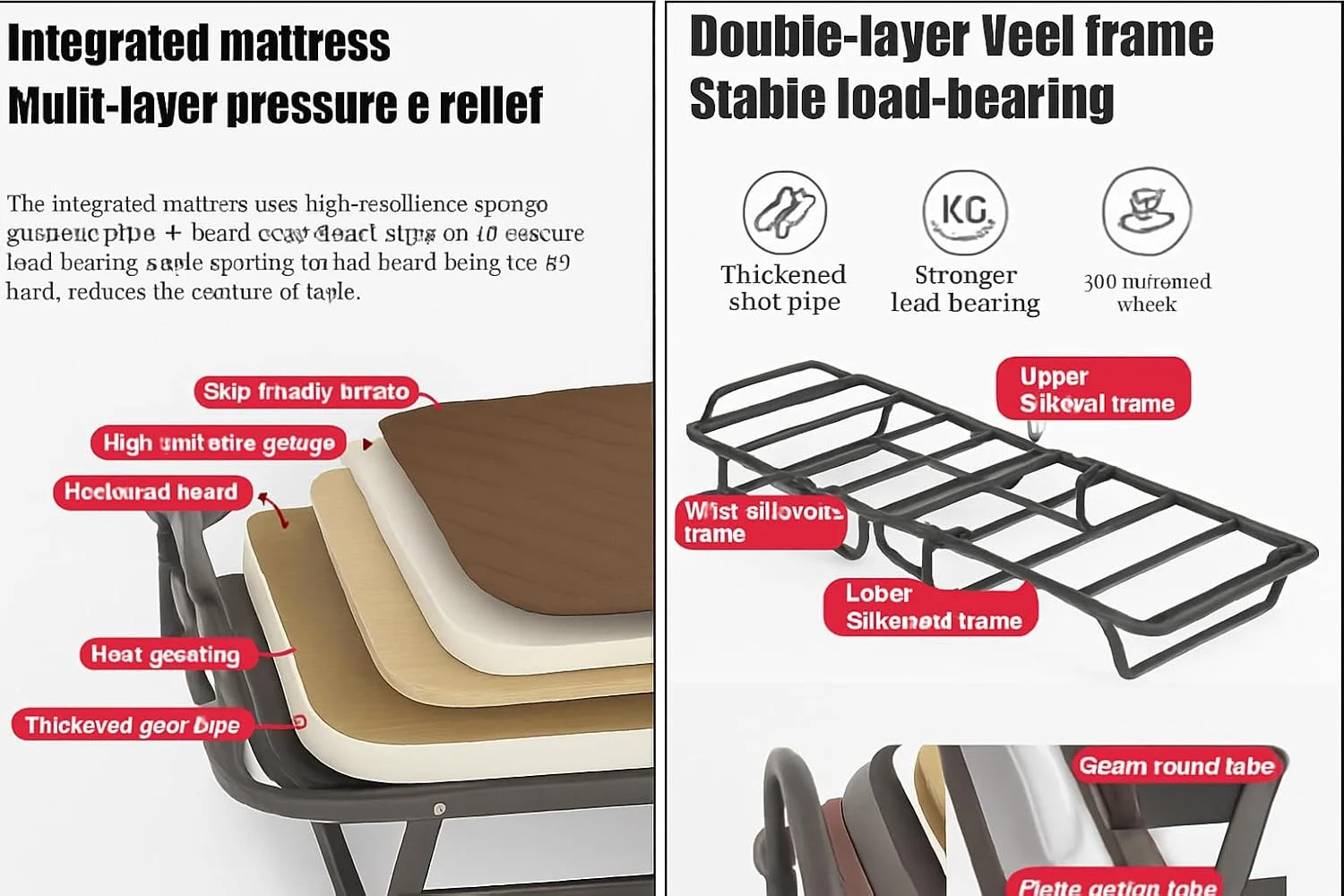 تخت تاشو VITAL با تشک - تختخواب تاشو کم جا با قابلیت تنظیم 6 حالته با کوسن اسفنجی، روکش پارچه ای، پایه تخته سه لایی، قاب آهنی و چرخ های قفل شونده. ایده آل برای خانه یا مسافرت (قهوه ای)