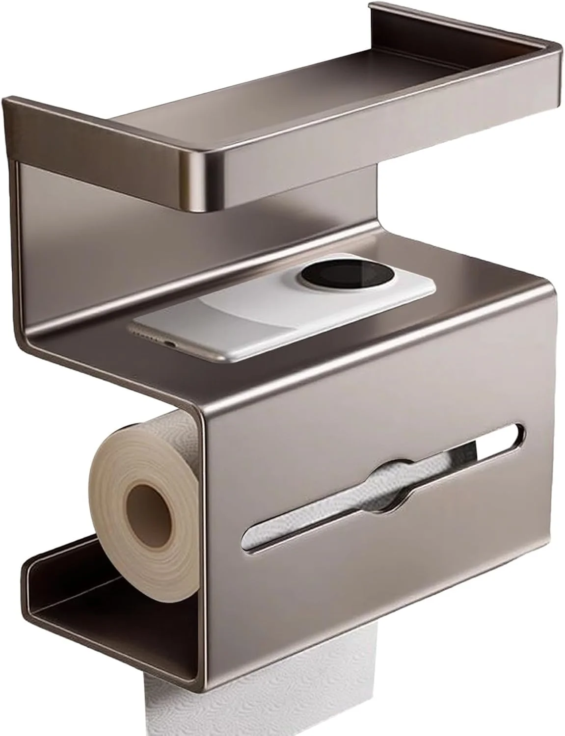 جا دستمال کاغذی دیواری با قفسه | جا دستمال کاغذی بدون نیاز به سوراخکاری با محفظه دستمال مرطوب، قفسه مدرن و کم جا برای خانه، کاروان، حمام مهمان، اتاق پودر و مصارف تجاری