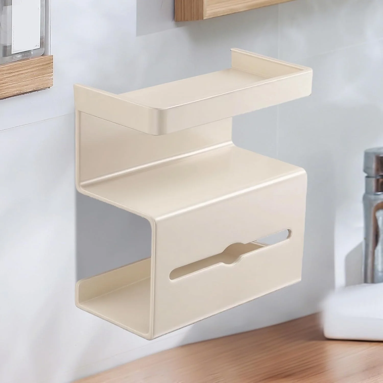 جا دستمال کاغذی توالت با قفسه تلفن، جا دستمال کاغذی توالت بدون نیاز به سوراخ کاری با محفظه نگهداری دستمال مرطوب، قفسه مدرن صرفه جویی در فضا برای خانه، کاروان، حمام مهمان، اتاق پودر، تجاری