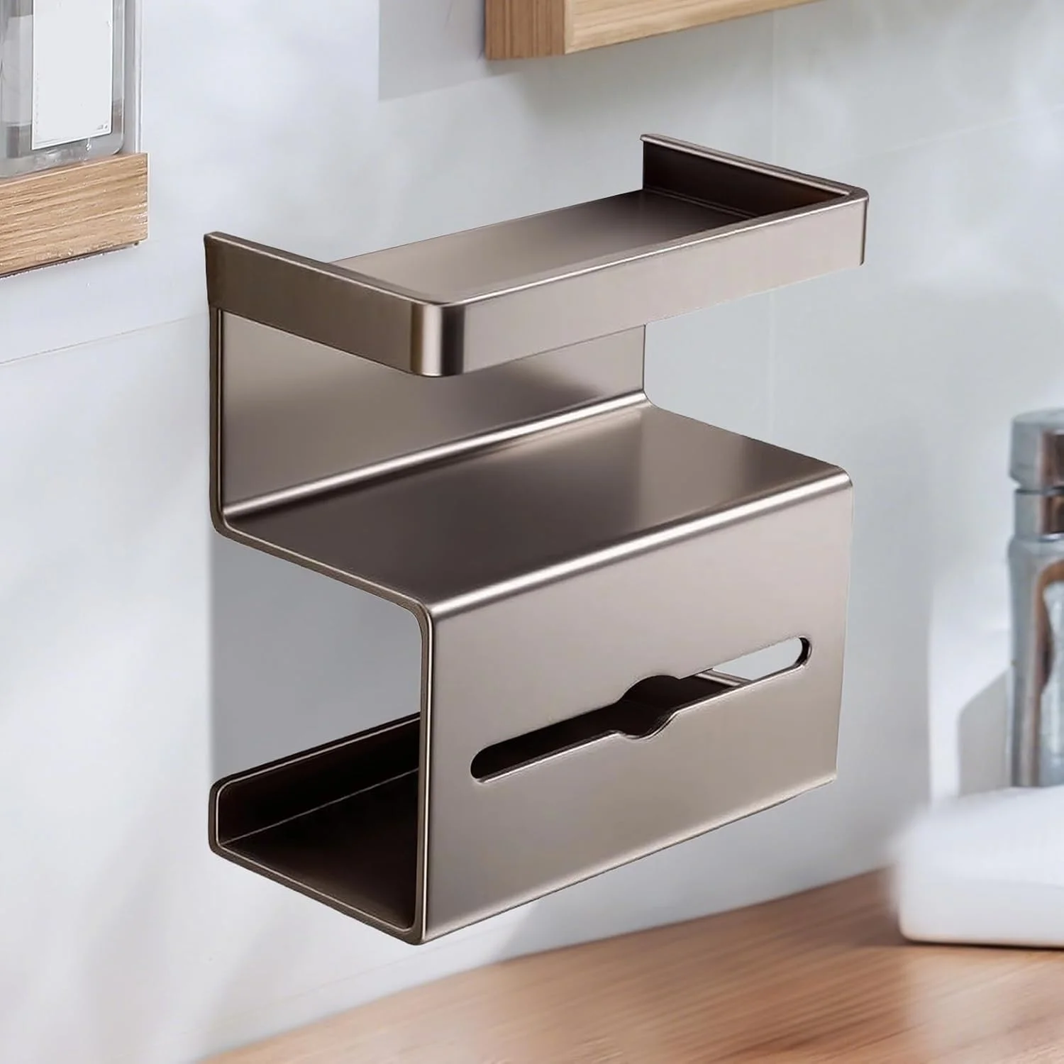 جا دستمال کاغذی دیواری با قفسه | جا دستمال کاغذی بدون نیاز به سوراخکاری با محفظه دستمال مرطوب، قفسه مدرن و کم جا برای خانه، کاروان، حمام مهمان، اتاق پودر و مصارف تجاری