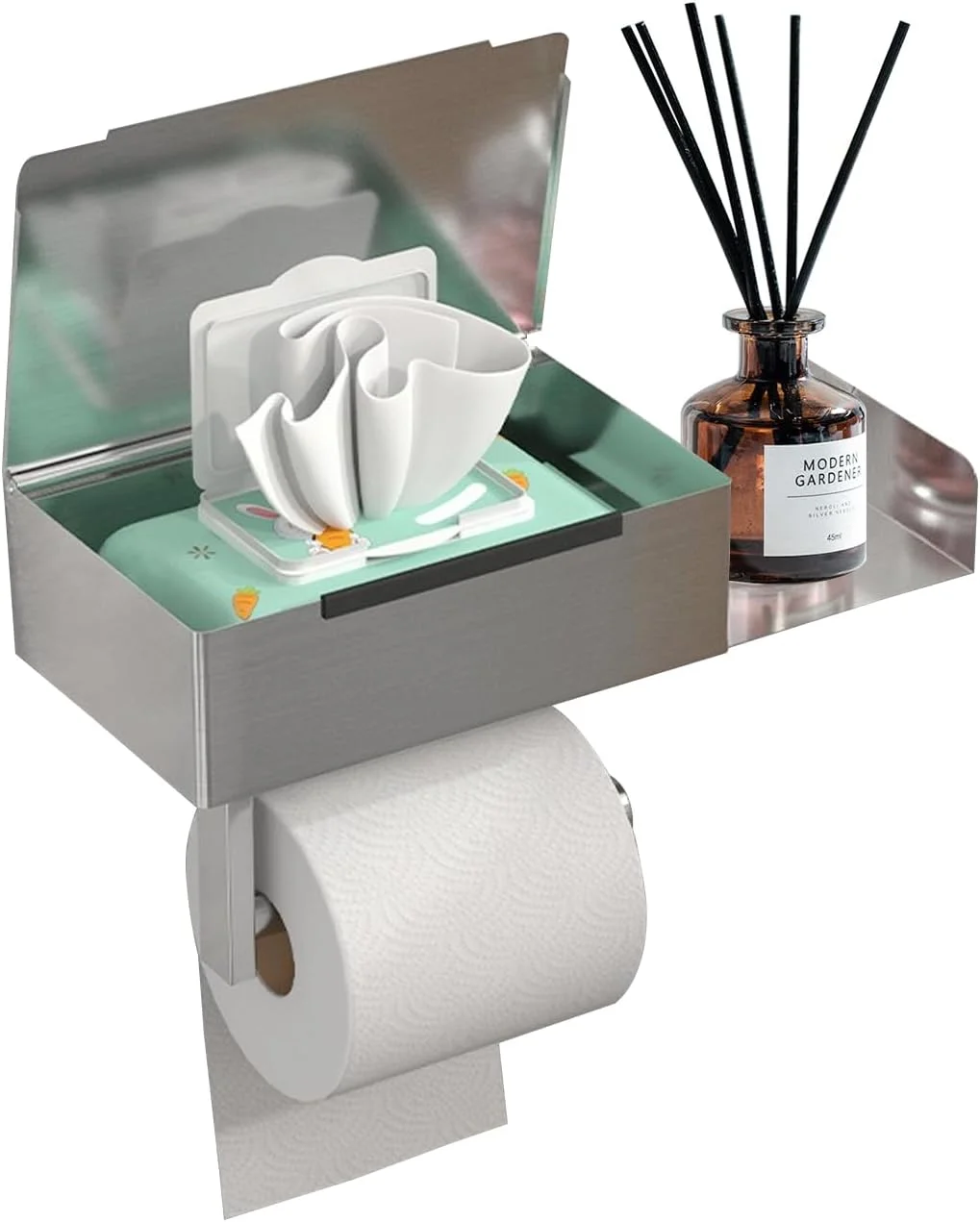 جا دستمال توالت بدون نیاز به سوراخ کاری، جا دستمال توالت با محفظه دستمال مرطوب، نگهدارنده رول توالت با قفسه، محل نگهداری دستمال توالت برای آشپزخانه و حمام، نقره ای