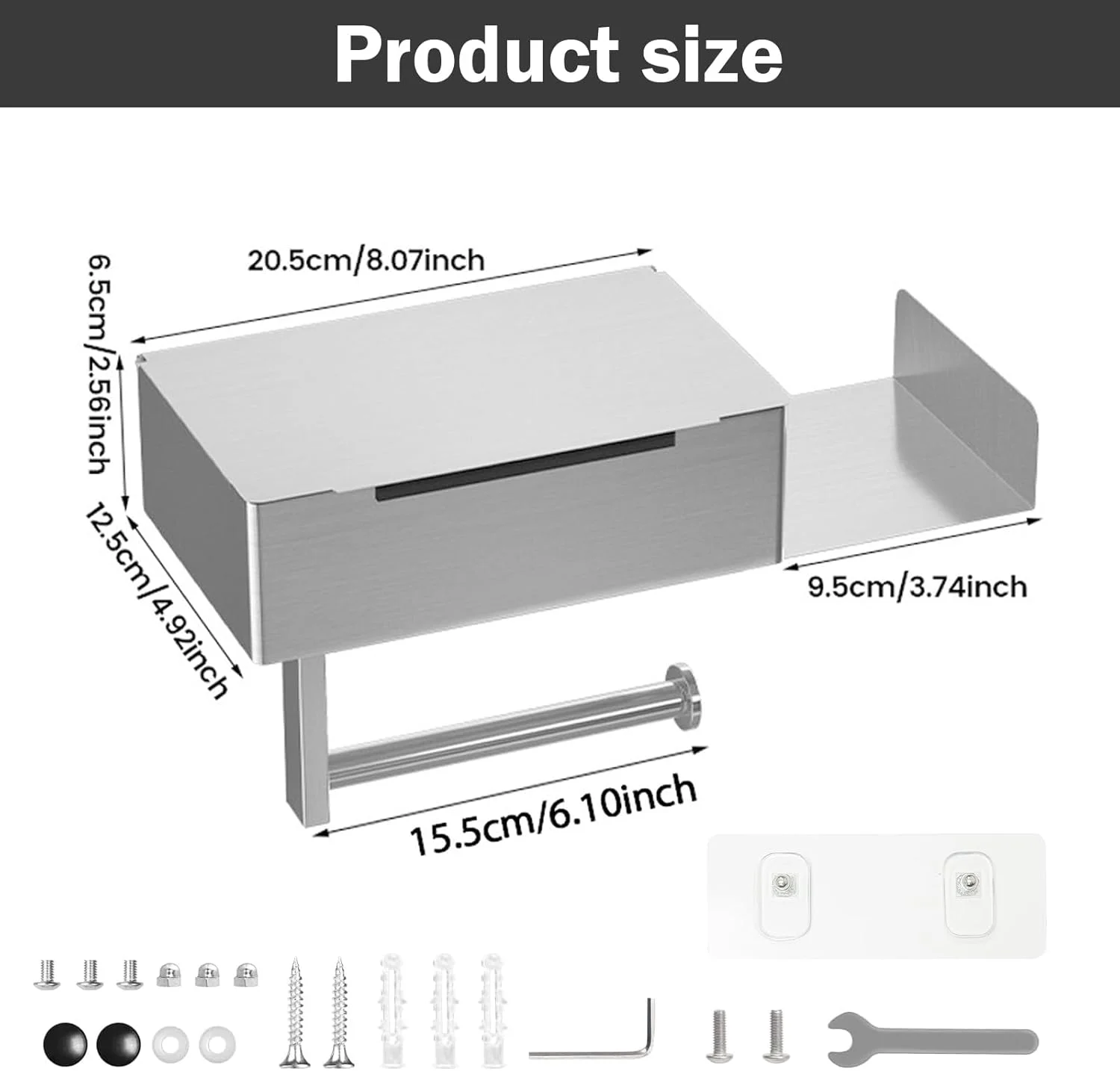 جا دستمال توالت بدون نیاز به سوراخ کاری، جا دستمال توالت با محفظه دستمال مرطوب، نگهدارنده رول توالت با قفسه، محل نگهداری دستمال توالت برای آشپزخانه و حمام، نقره ای