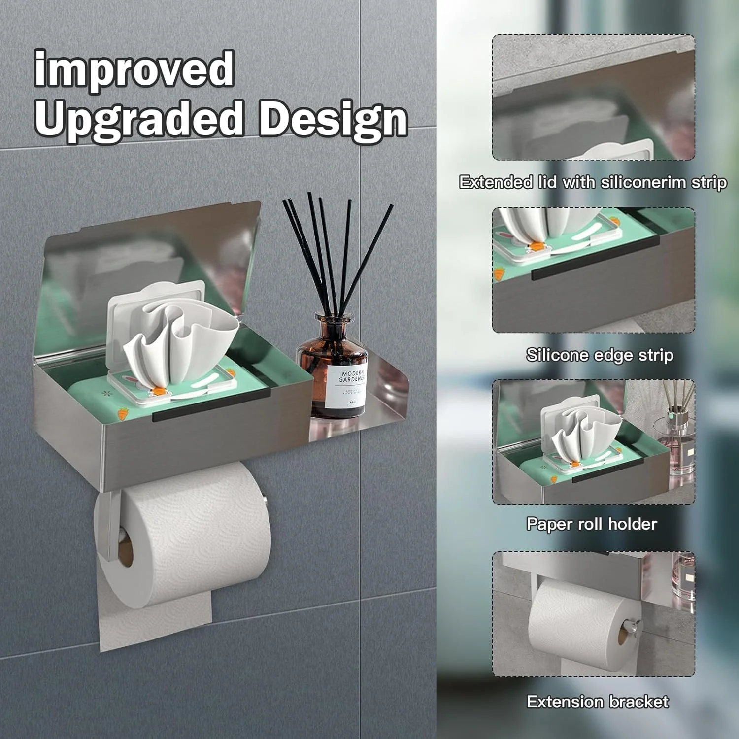 جا دستمال توالت بدون نیاز به سوراخ کاری، جا دستمال توالت با محفظه دستمال مرطوب، نگهدارنده رول توالت با قفسه، محل نگهداری دستمال توالت برای آشپزخانه و حمام، نقره ای