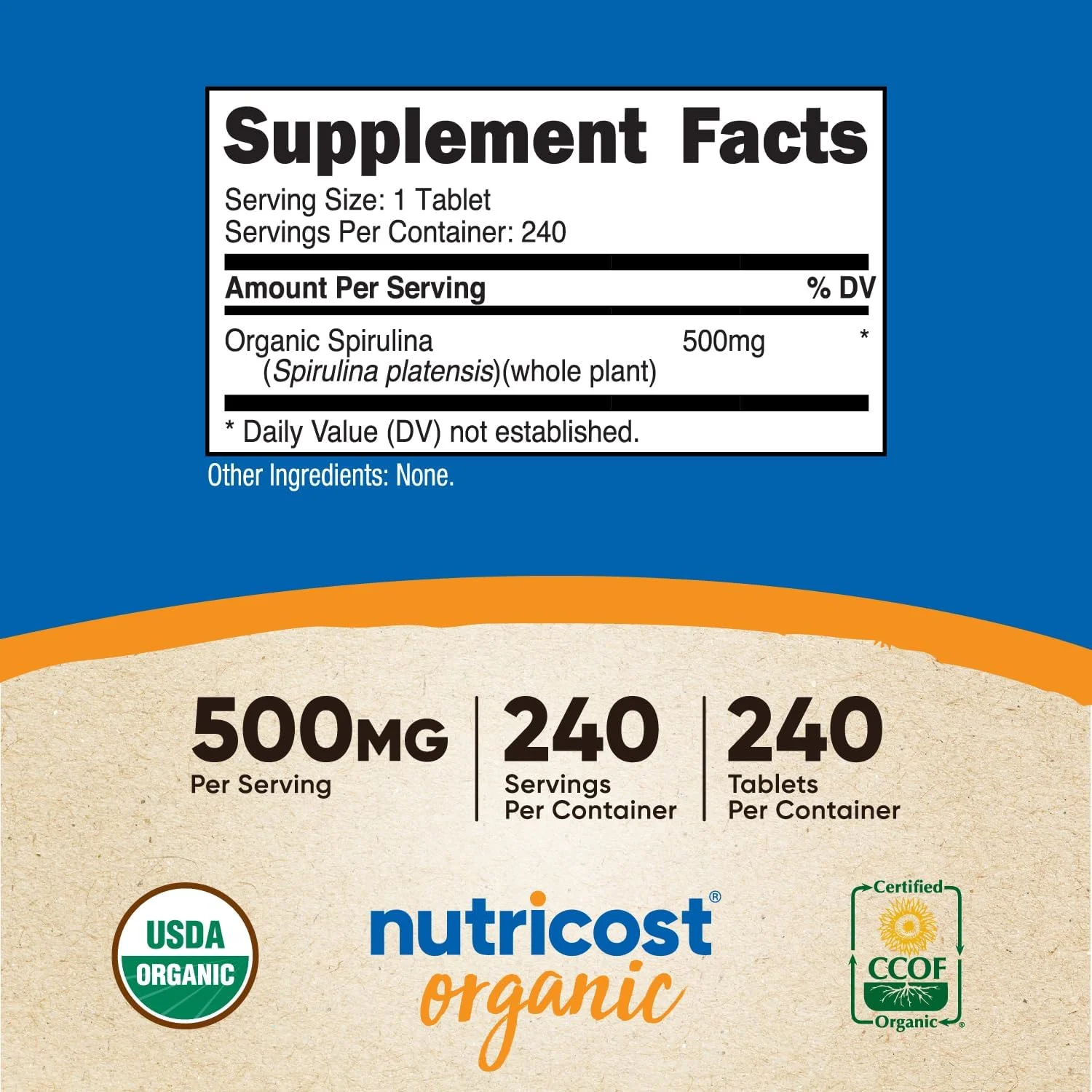 اسپیرولینای ارگانیک 500 میلی گرمی نوتری کاست، 240 قرص - بدون گلوتن، غیر GMO