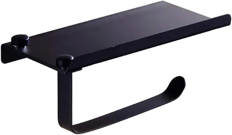 جا دستمال کاغذی توالت، نگهدارنده دستمال توالت دیواری آلومینیومی مشکی با قفسه نگهداری تلفن همراه