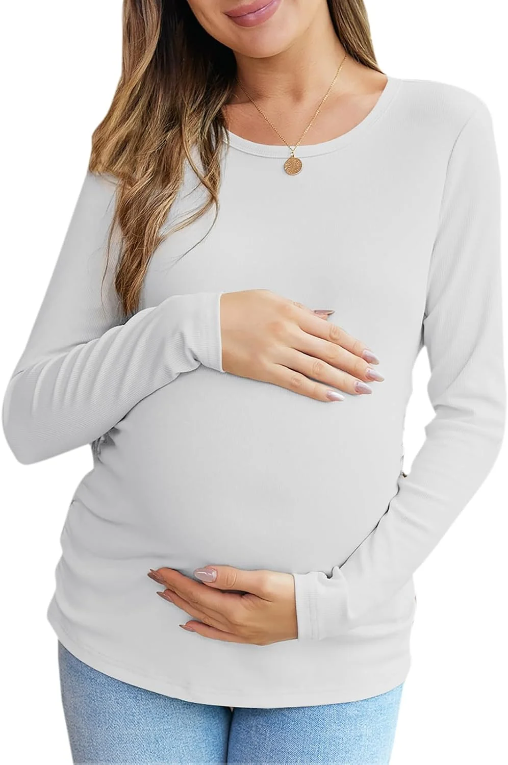 تاپ بارداری زنانه، آستین بلند، یقه گرد، بافتنی کبریتی، بلوز جذب، مدل چین دار در پهلو، مناسب پاییز