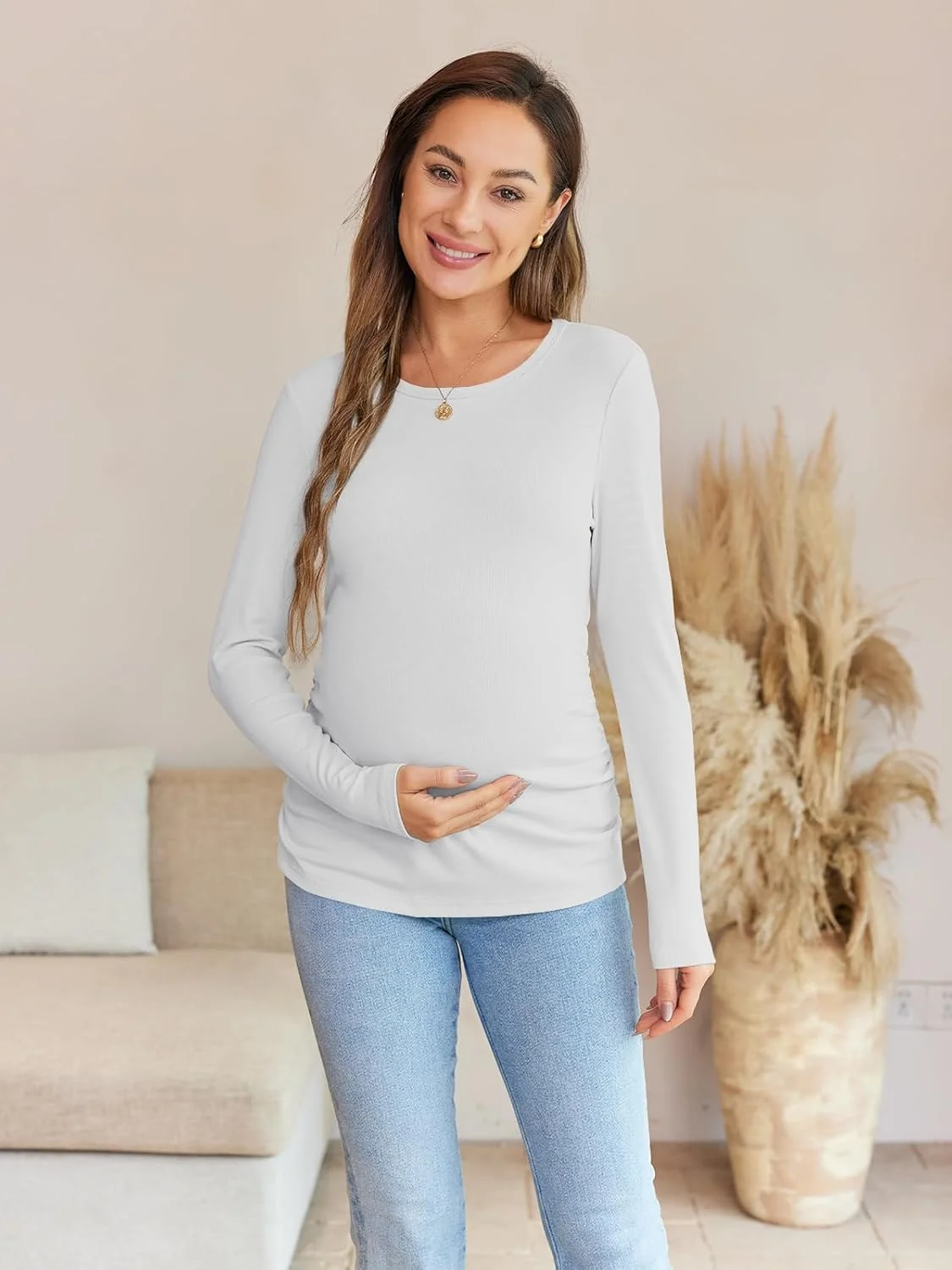 تاپ بارداری زنانه، آستین بلند، یقه گرد، بافتنی کبریتی، بلوز جذب، مدل چین دار در پهلو، مناسب پاییز