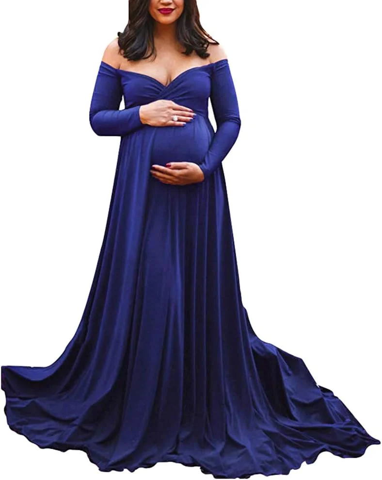 لباس بارداری ماکسی بدون بند سرشانه مناسب عکاسی، لباس مجلسی و شیک، لباس عکاسی بارداری، لباس بدون آستین و سرشانه باز، لباس دنباله دار زنانه