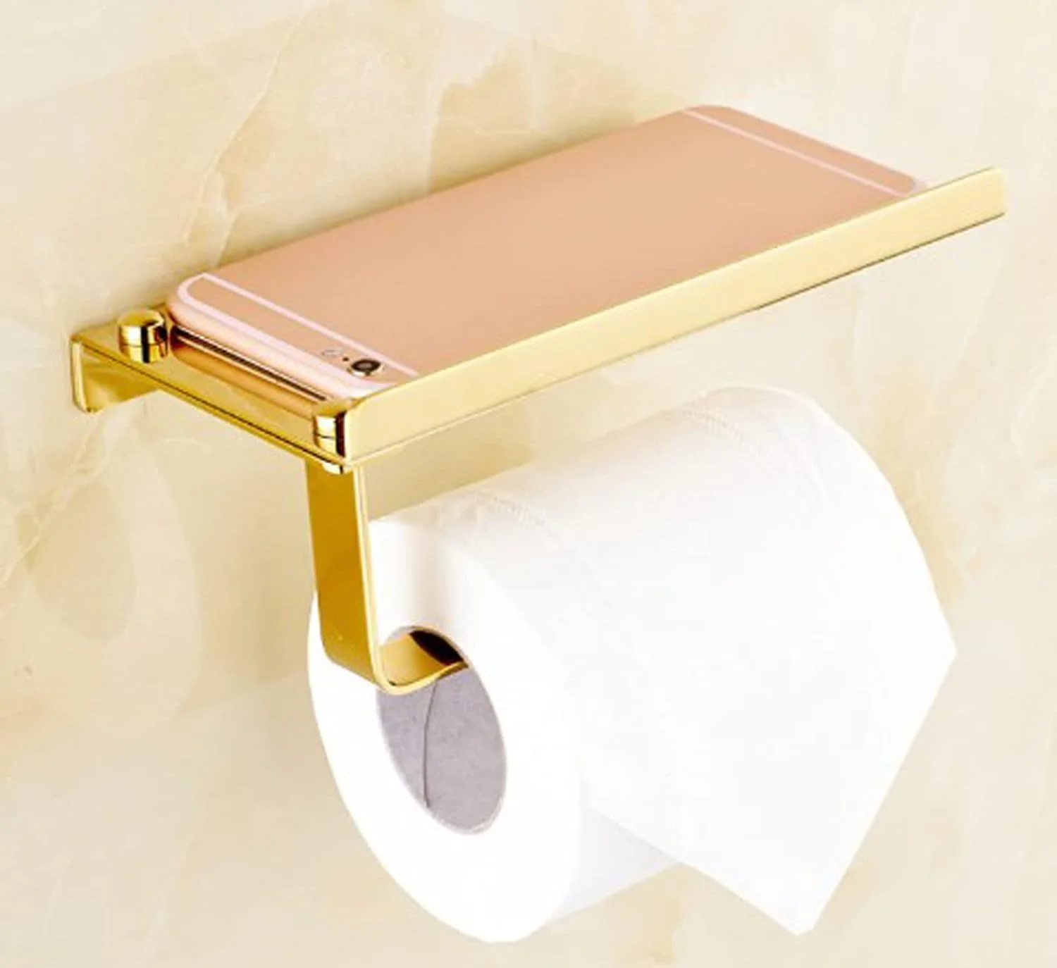 جا دستمال توالت، جا دستمال توالت طلایی با قفسه نگهداری تلفن، نگهدارنده رول دستمال توالت برای حمام، سرویس بهداشتی
