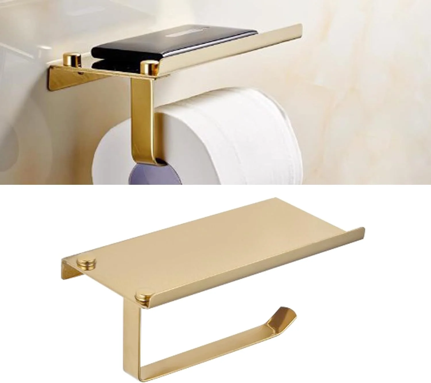 جا دستمال توالت، جا دستمال توالت طلایی با قفسه نگهداری تلفن، نگهدارنده رول دستمال توالت برای حمام، سرویس بهداشتی