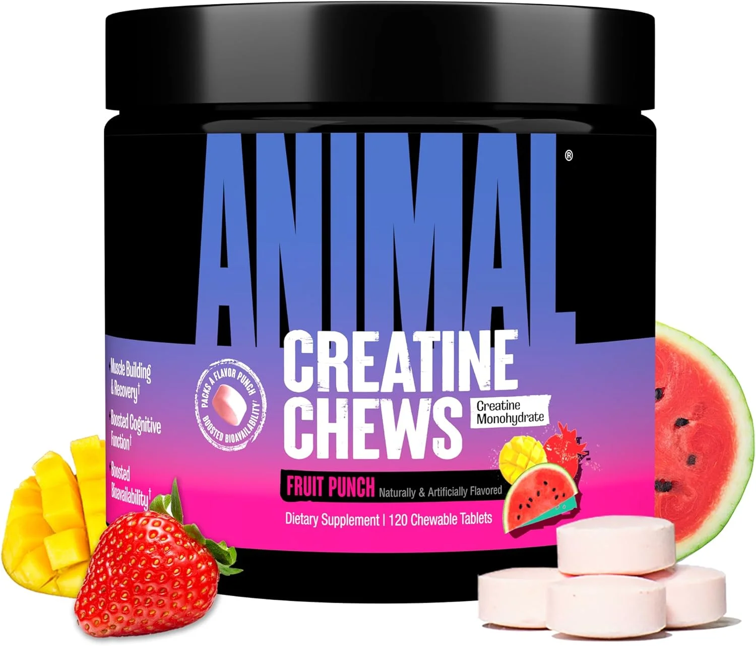 قرص های جویدنی کراتین Animal - کراتین مونوهیدرات تقویت شده با AstraGin برای بهبود جذب، نمک دریا برای افزایش پمپ عضلانی، قرص های جویدنی خوشمزه و راحت - پانچ میوه
