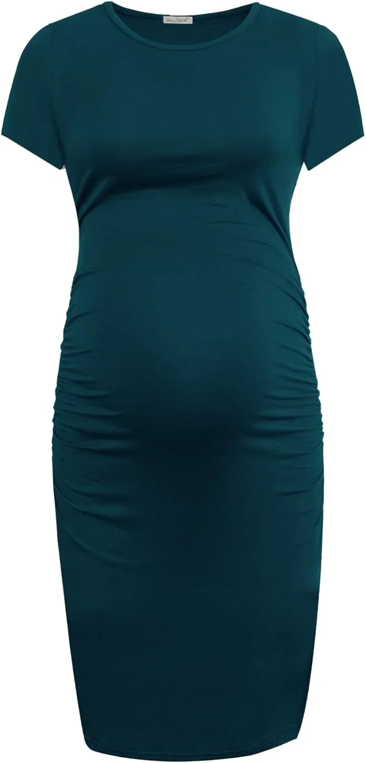 لباس بارداری آستین کوتاه زنانه Smallshow مدل چین دار، آبی-سبز، سایز L