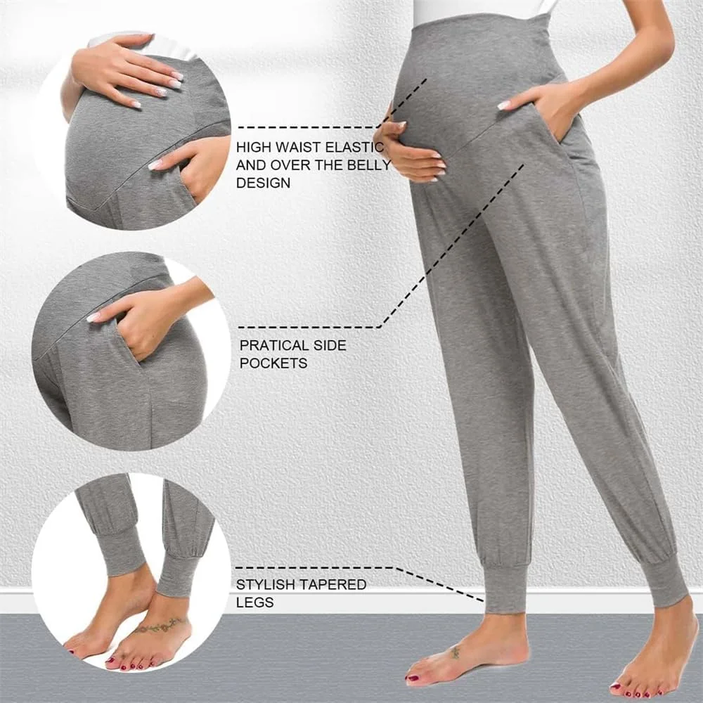شلوار بارداری زنانه YARDHOBI، جاگر ورزشی بارداری، شلوار گرمکن مچ دار، شلوار بارداری کشی روی شکم، جاگرهای بارداری راحت و گشاد با جیب، (XXL، خاکستری)