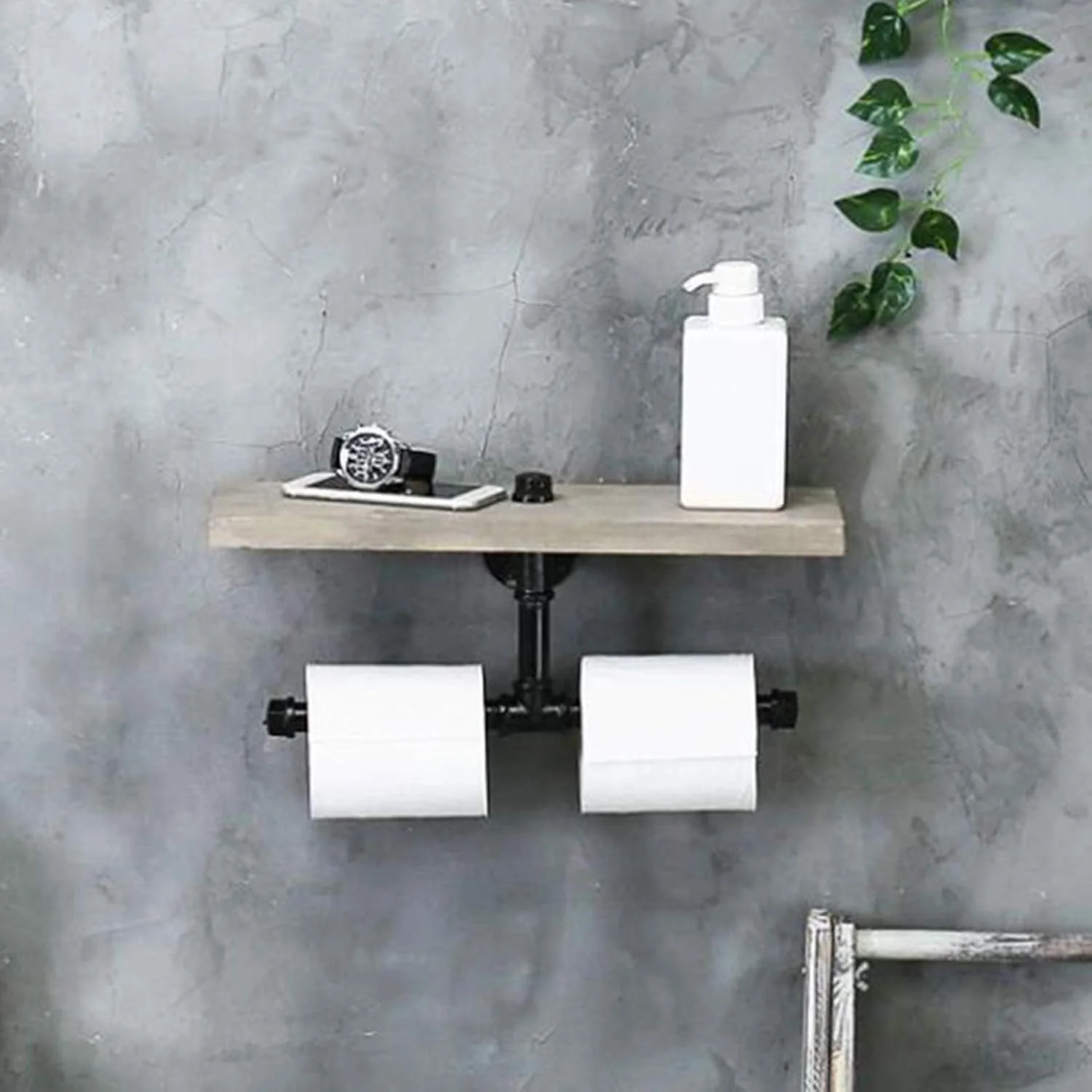 جا دستمال توالت LIU - دو قلو به سبک صنعتی با قفسه چوبی روستایی برای نگهداری، نصب دیواری، مناسب برای حمام و آشپزخانه