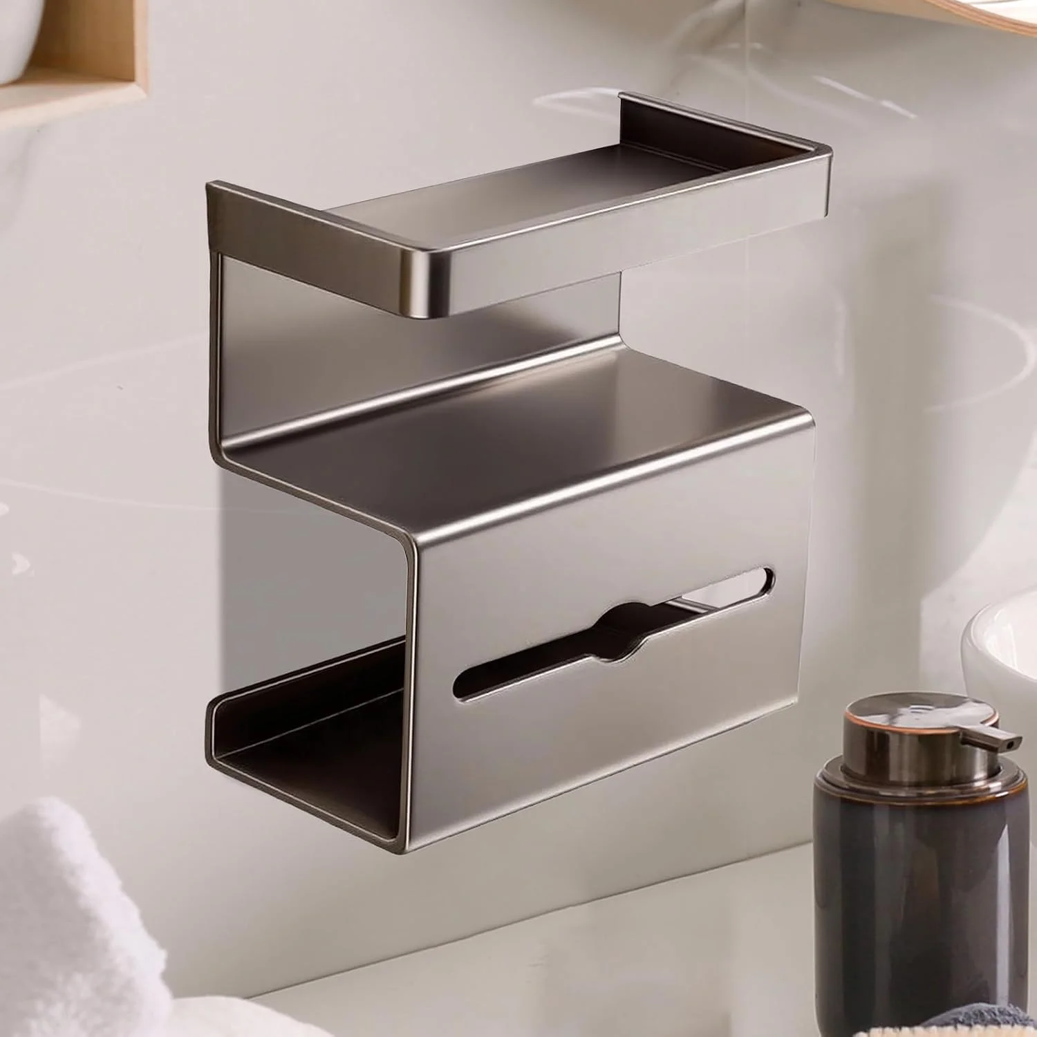 جا دستمال کاغذی توالت با قفسه - جا دستمال کاغذی توالت بدون نیاز به سوراخکاری | پایه مدرن و صرفه جویی در فضا برای سرویس بهداشتی، کاروان، حمام مهمان، آپارتمان و خانه