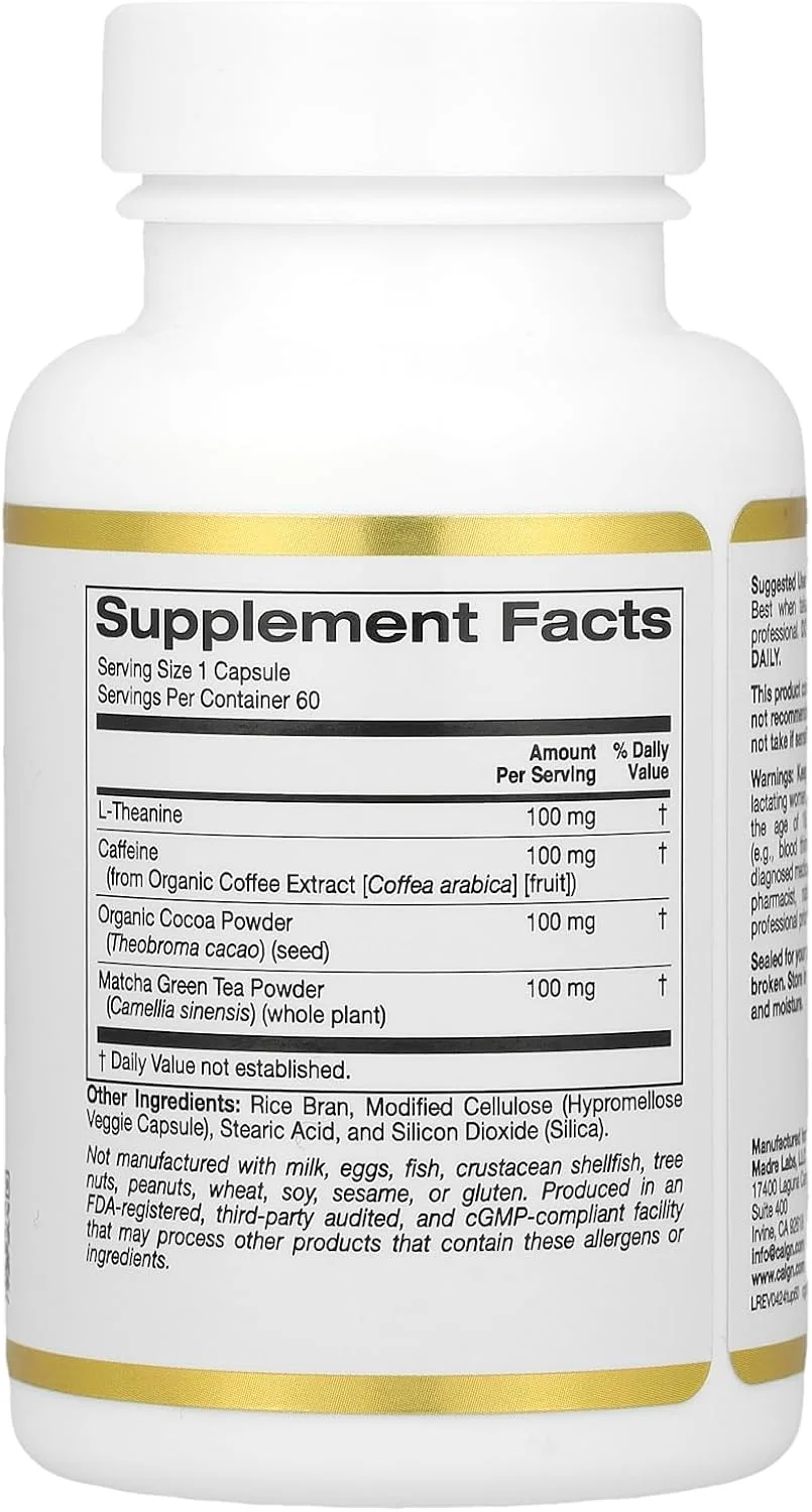 کالیفرنیا گلد Nutrition, TheanineUP™, ال-تیانین و کافئین به همراه کاکائو و ماچا، 60 کپسول گیاهی کالیفرنیا گلد Nutrition, TheanineUP™, ال-تیانین و کافئین به همراه کاکائو و ماچا، 60 کپسول گیاهی