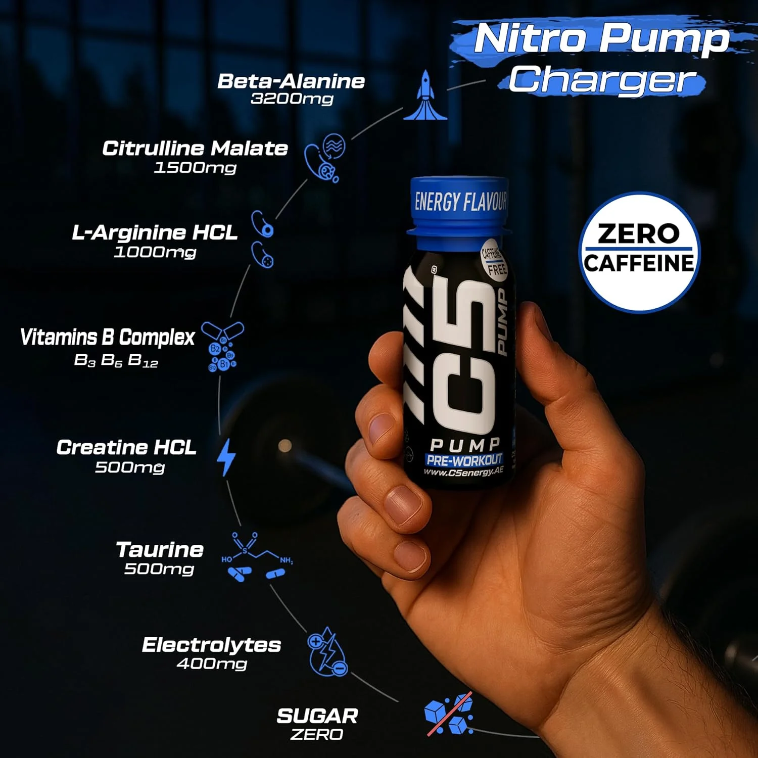نوشیدنی شات قبل از تمرین C5 PUMP، بدون کافئین، بدون شکر، 80 میلی لیتر، با بتا آلانین 3200 میلی گرم، سیترولین 1500 میلی گرم، ویتامین های گروه B (بسته 12 عددی، طعم انرژی) نوشیدنی شات قبل از تمرین C5 PUMP، بدون کافئین، بدون شکر، 80 میلی لیتر، با بتا آلانین 3200 میلی گرم، سیترولین 1500 میلی گرم، ویتامین های گروه B (بسته 12 عددی، طعم انرژی)