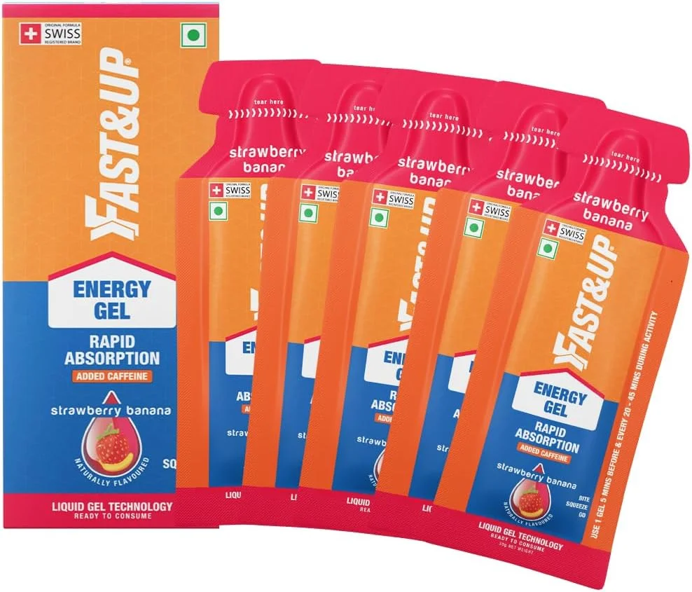 ژل انرژی Fast&Up - انرژی فوری - عملکرد ورزشی - ژل های کربوهیدرات + کافئین - وگان - بسته 5 عددی - طعم توت فرنگی موز