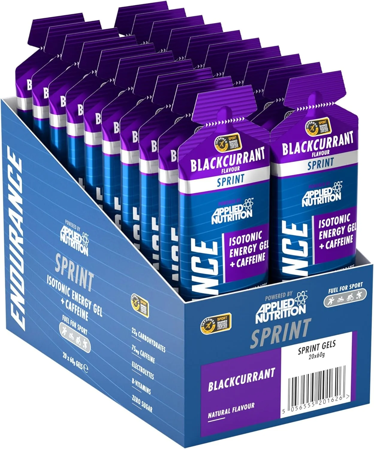 ژل انرژی Applied Nutrition Sprint | ژل انرژی حاوی کافئین | هضم آسان | بدون چربی و شکر | 23 گرم کربوهیدرات + الکترولیت ها و ویتامین های B (بسته 20 عددی 60 گرمی، بلک کارنت)
