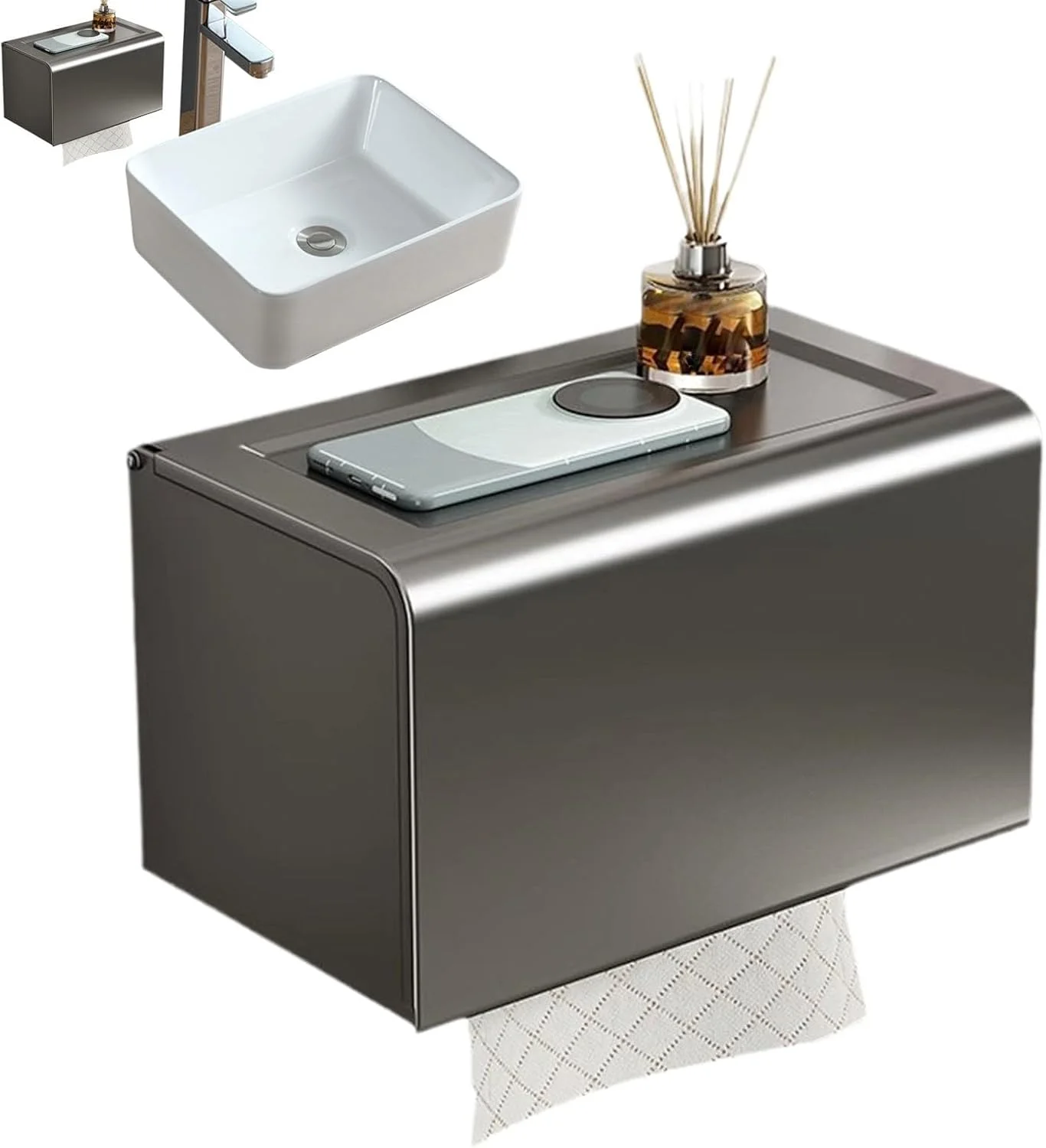 جا دستمال کاغذی رولی توالت - جا دستمال کاغذی مدرن | جعبه نگهدارنده دستمال کاغذی آلومینیومی ضد زنگ، نصب دیواری بدون نیاز به سوراخ کاری، مناسب برای حمام و آشپزخانه