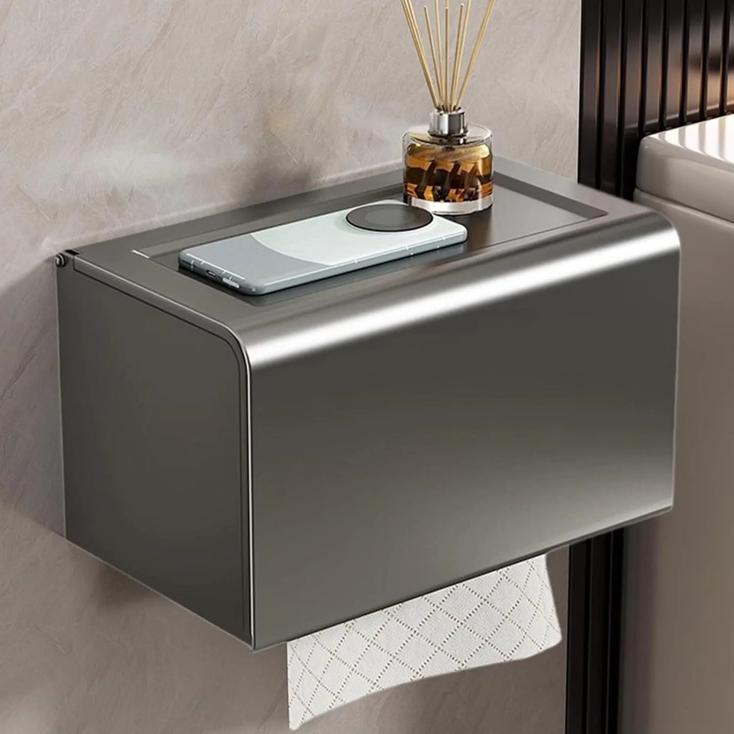 جا دستمال کاغذی رولی توالت - جا دستمال کاغذی مدرن | جعبه نگهدارنده دستمال کاغذی آلومینیومی ضد زنگ، نصب دیواری بدون نیاز به سوراخ کاری، مناسب برای حمام و آشپزخانه